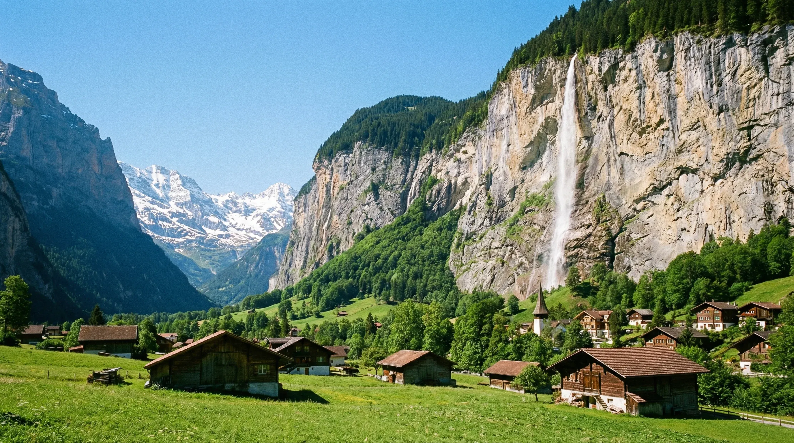The Lauterbrunnen Valley featuring Staubbach Falls cascading down a cliff with snow-capped mountains in the distance.