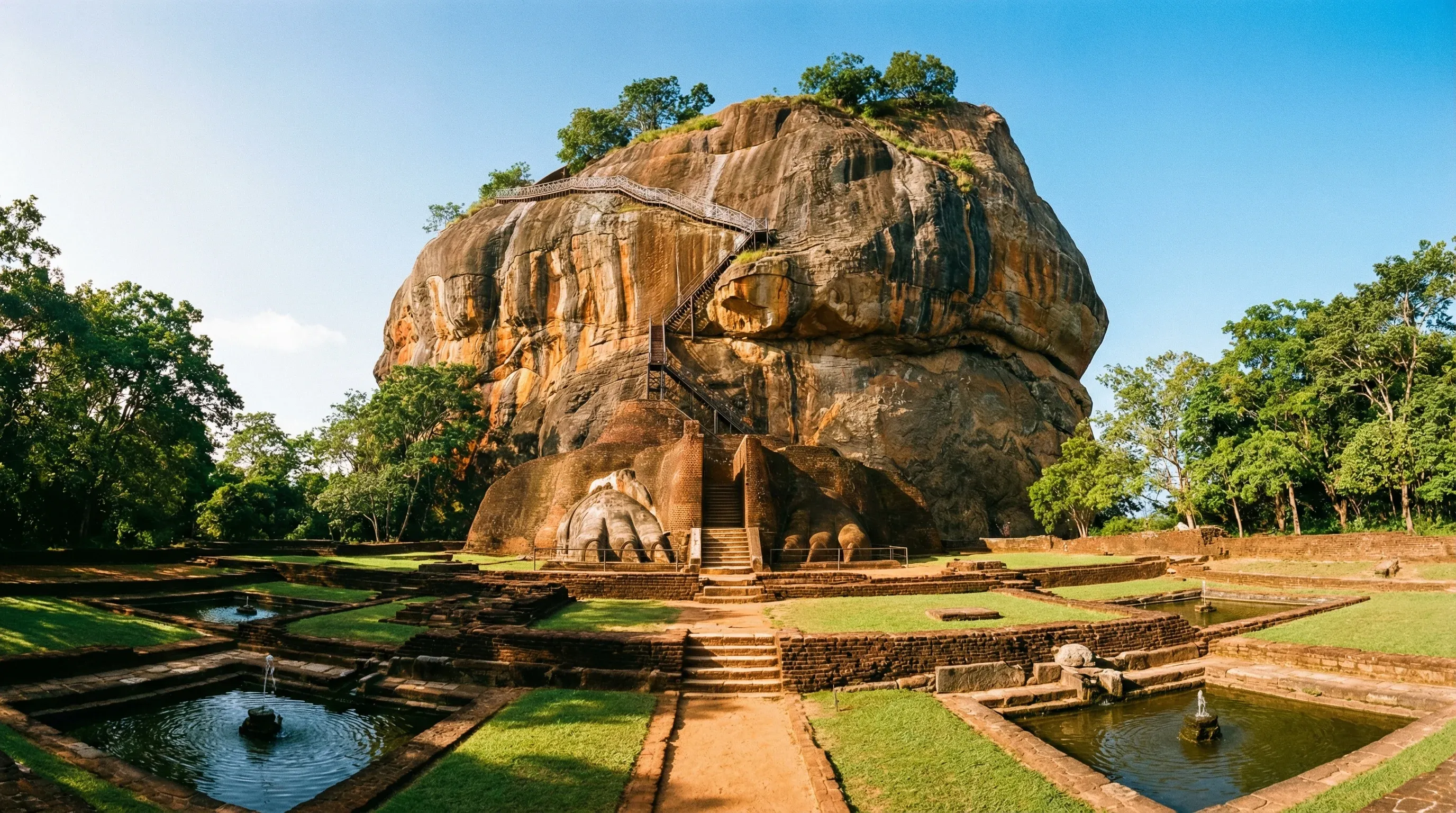 Sigiriya Rock Fortress viewed from the ancient water gardens under a clear sky in Sri Lanka.
