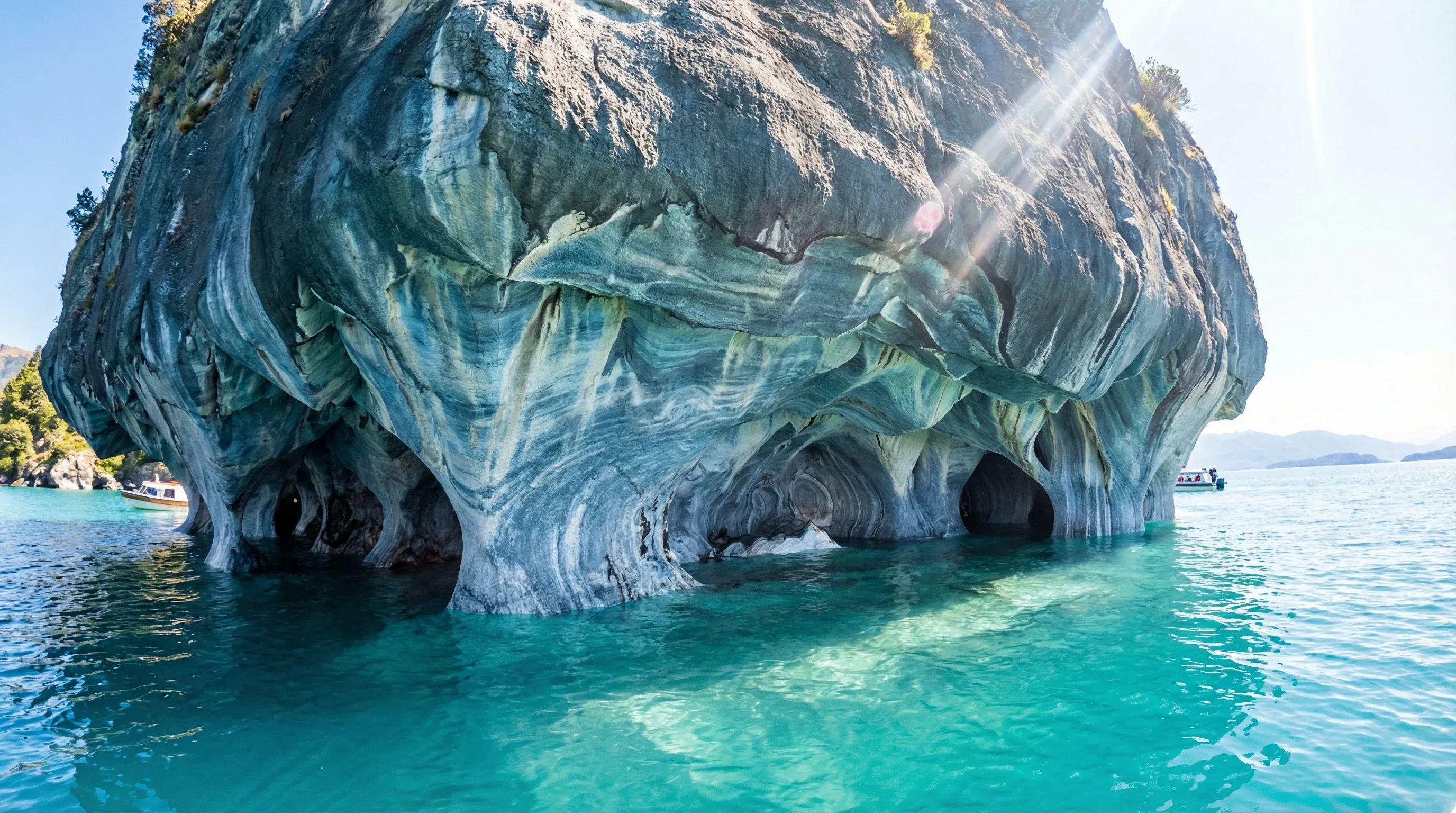 The blue and grey marble caves on the turquoise waters of General Carrera Lake in Northern Patagonia.
