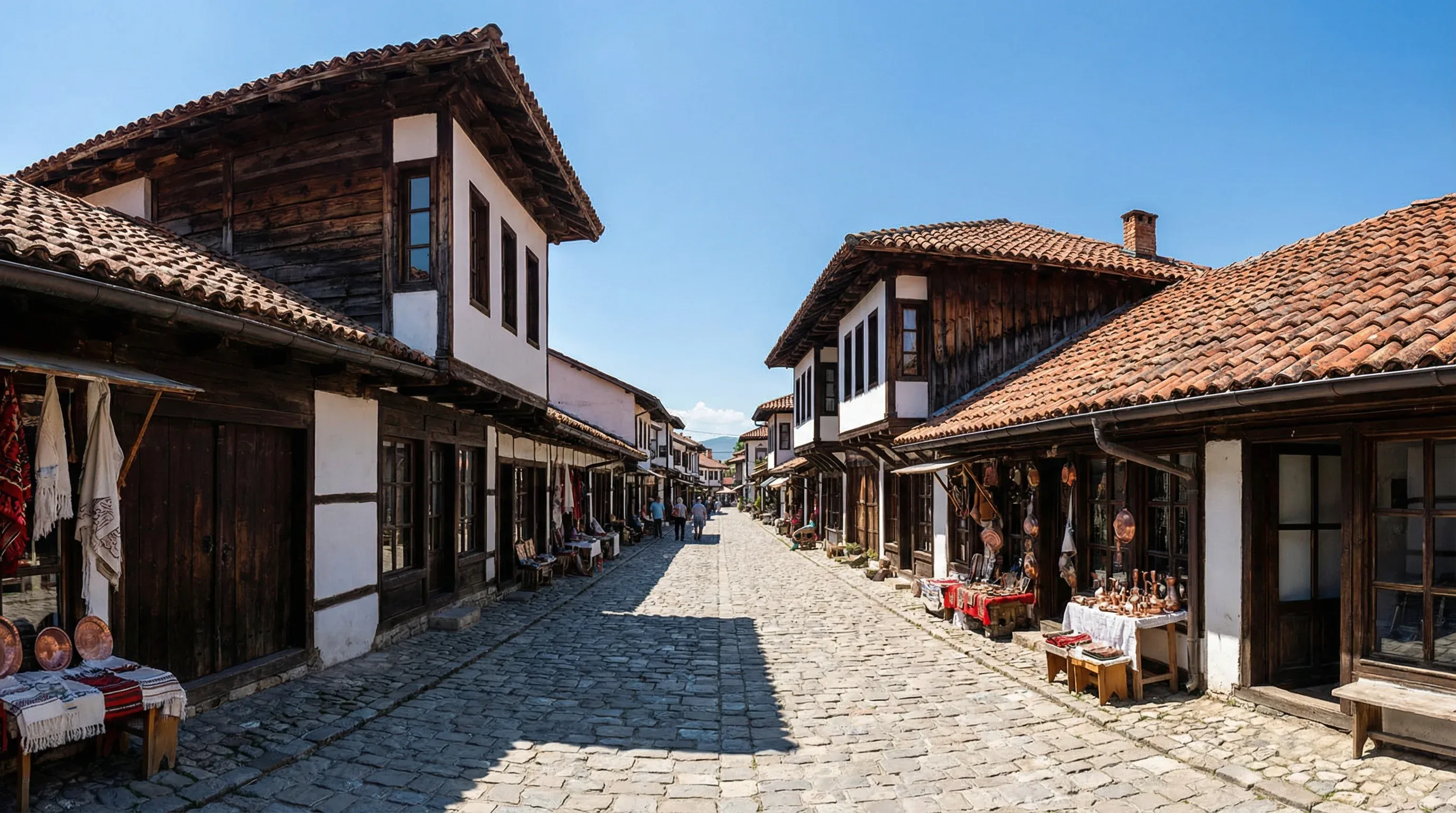 A wide-angle view of the historic Grand Bazaar in Gjakova, featuring traditional Ottoman architecture with wooden facades and cobblestone streets under a clear blue sky.