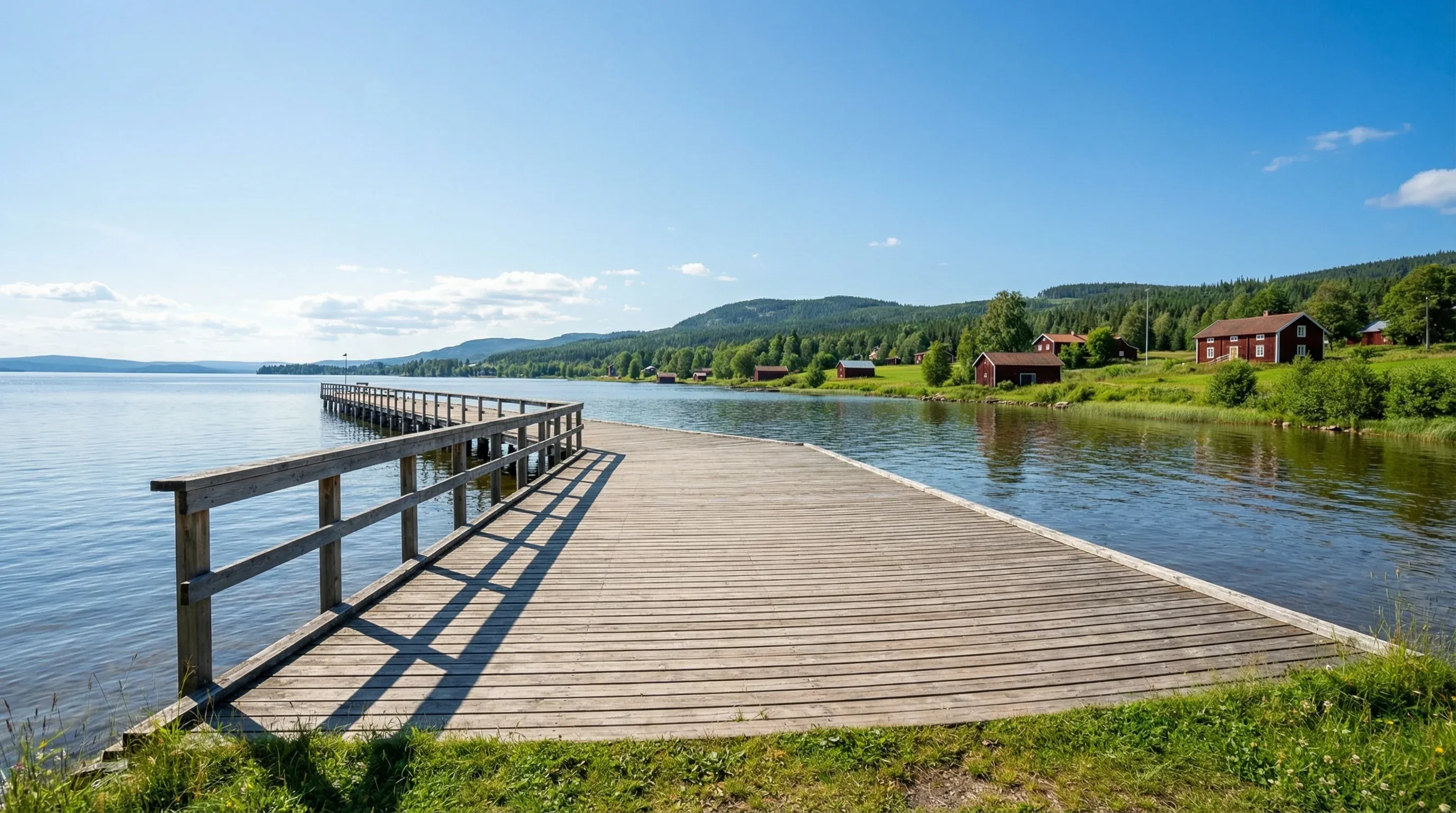 A long wooden pier stretching into a calm blue lake, with red wooden buildings and forested hills on the distant shore.