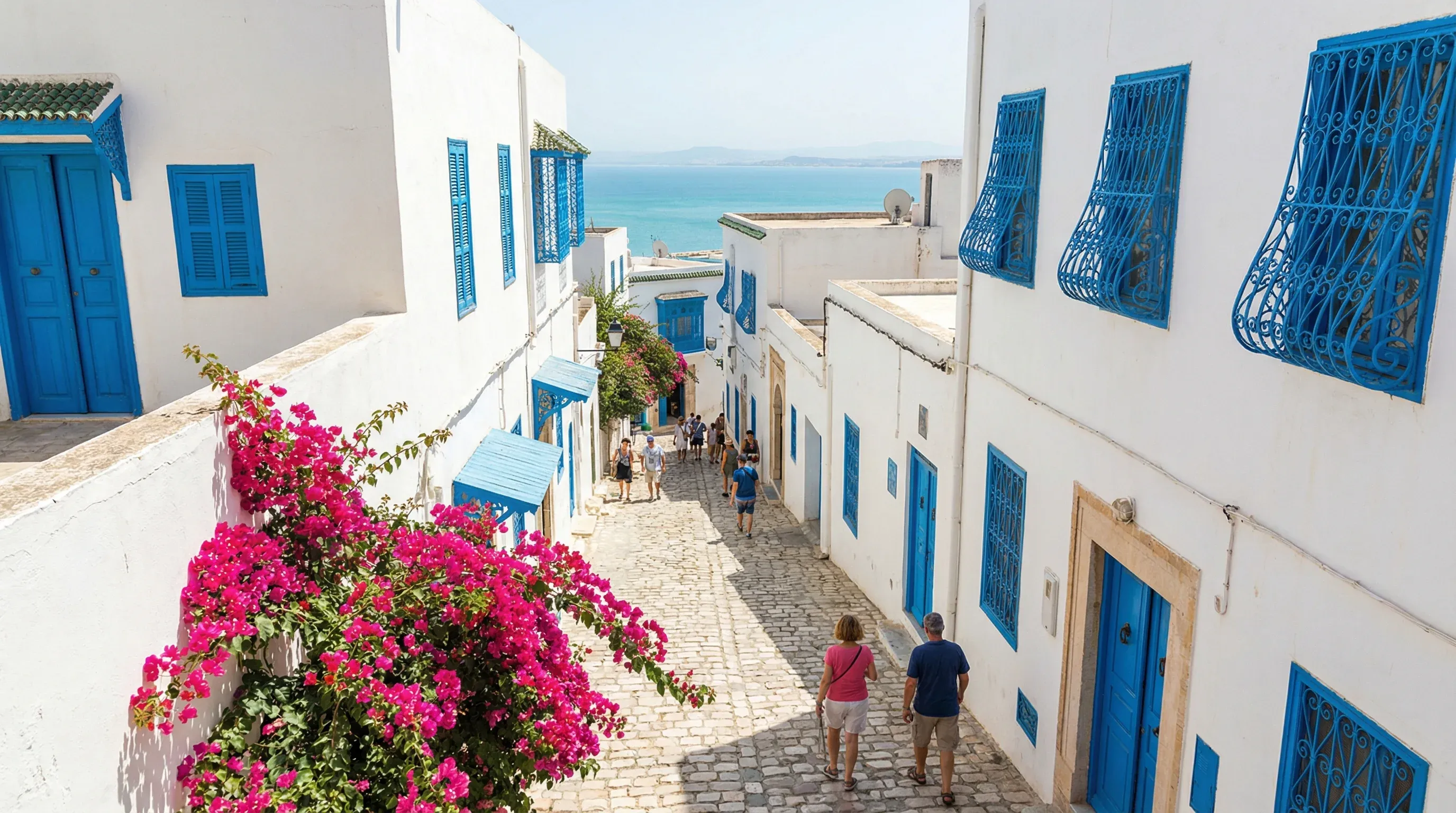 Whitewashed buildings with blue doors and windows overlooking the Mediterranean Sea in Sidi Bou Said, Tunisia.