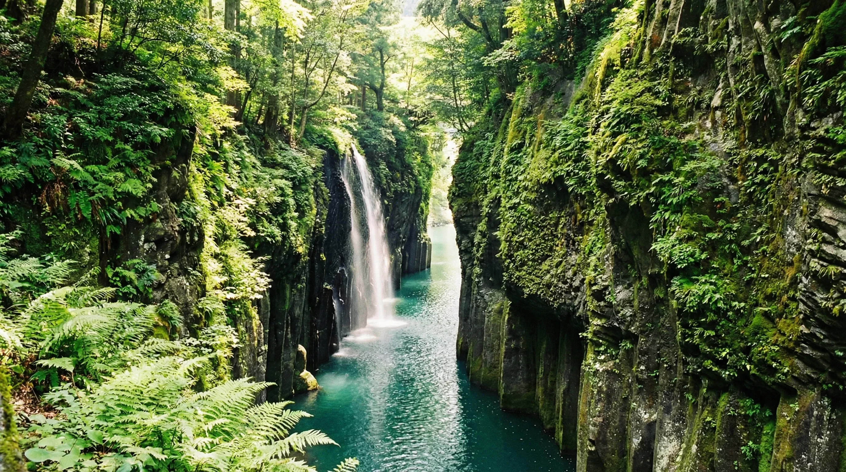 Manai Falls dropping into the turquoise river within the mossy basalt cliffs of Takachiho Gorge.