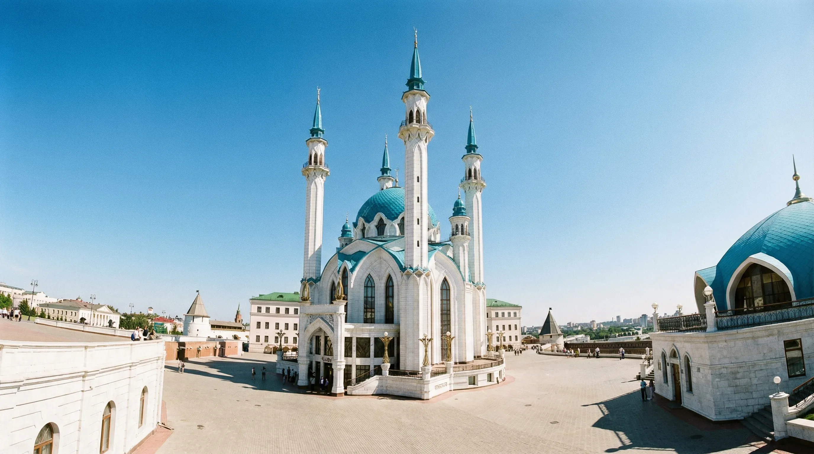 The Kul Sharif Mosque with its turquoise domes and white minarets located inside the Kazan Kremlin walls.