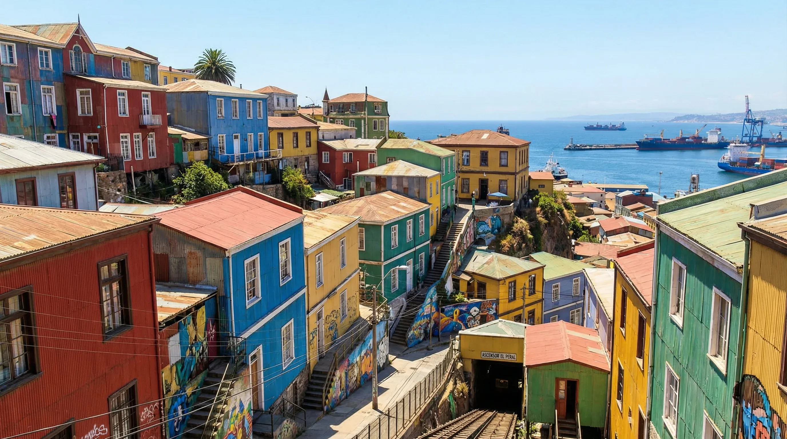 Colorful houses on the steep hills of Valparaíso overlooking the Pacific Ocean.