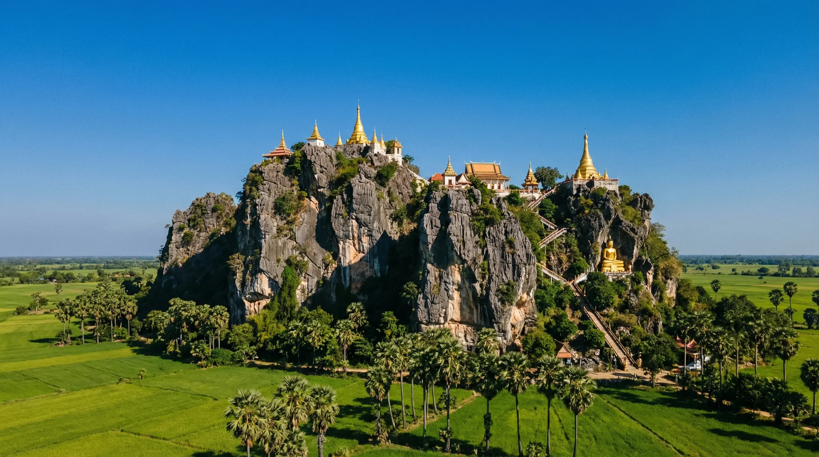 A limestone mountain with golden temples on its peaks overlooking green plains in Battambang, Cambodia.
