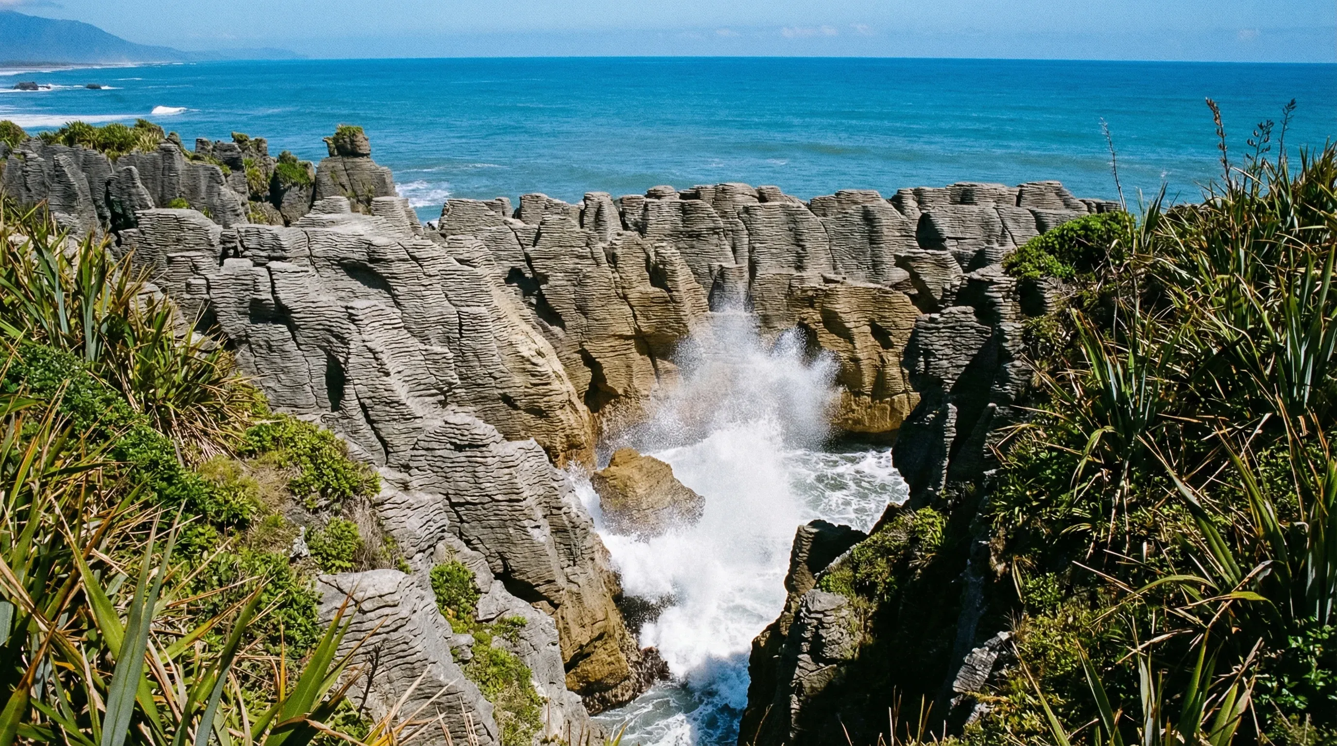 Layered limestone rock formations resemble stacks of pancakes on a rugged coastline with ocean waves crashing below.