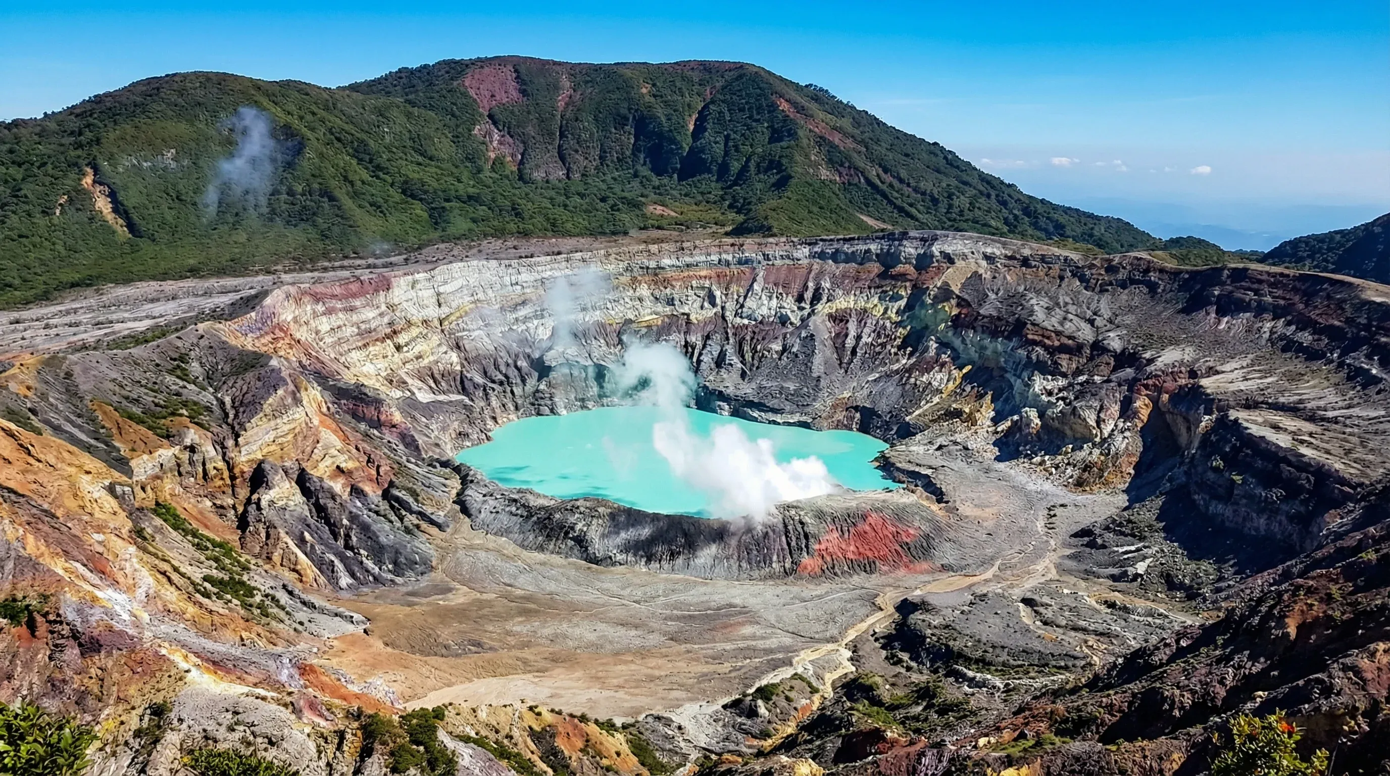 The large volcanic crater of Poás Volcano featuring a turquoise acid lake and rising steam under a clear sky.