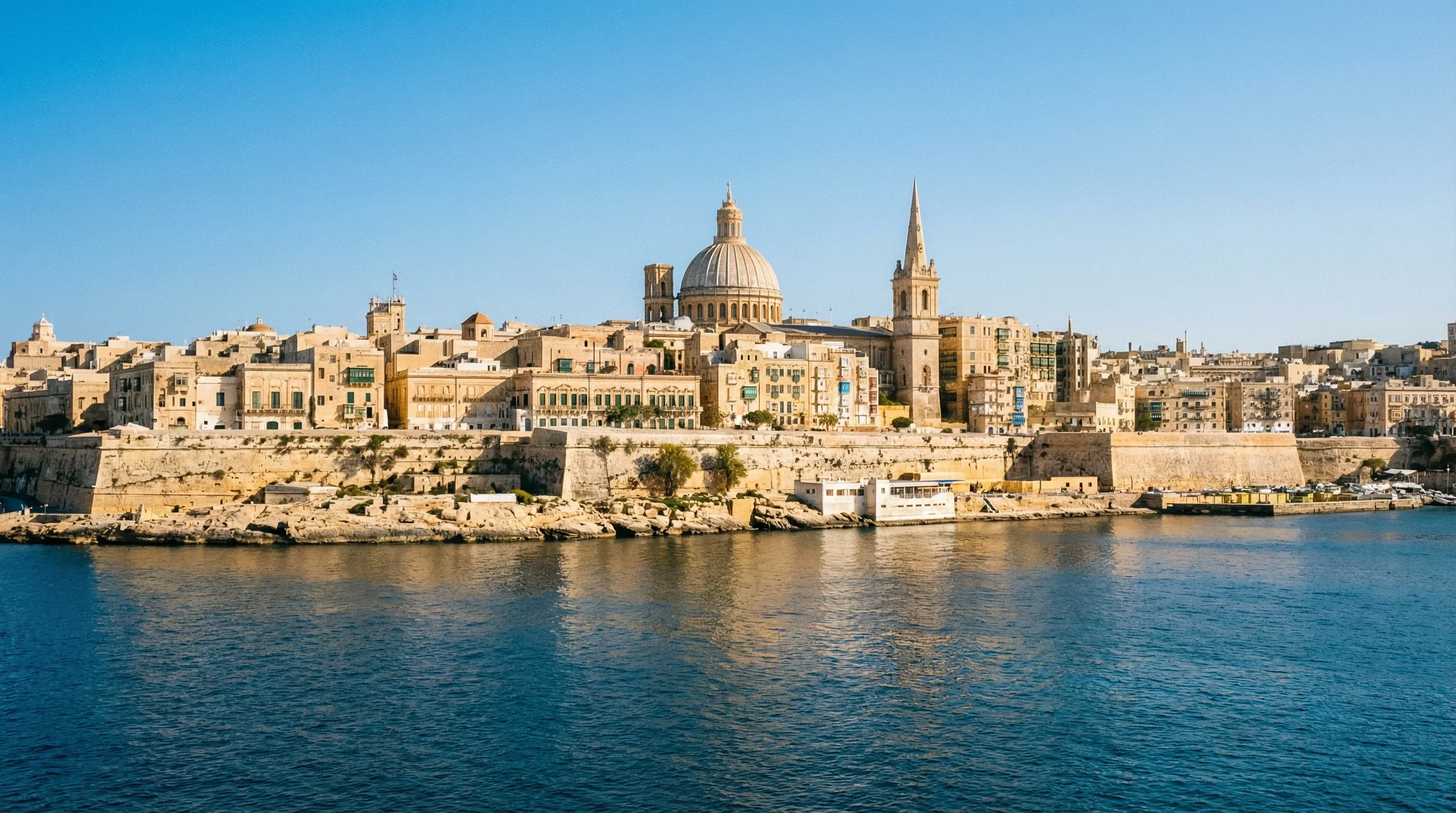 A panoramic view of the historic limestone city of Valletta, featuring its iconic domes and spires overlooking the blue waters of Marsamxett Harbour.