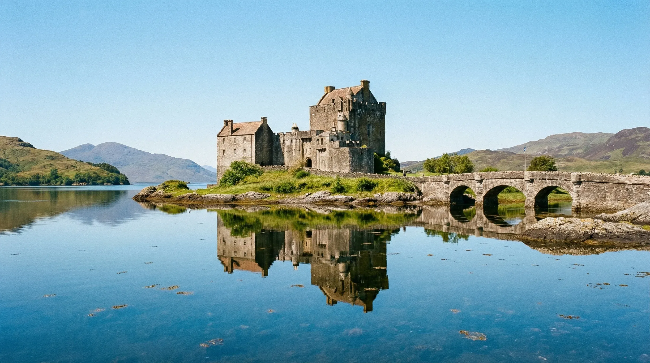 The stone structure of Eilean Donan Castle and its bridge on a loch in the Scottish Highlands.