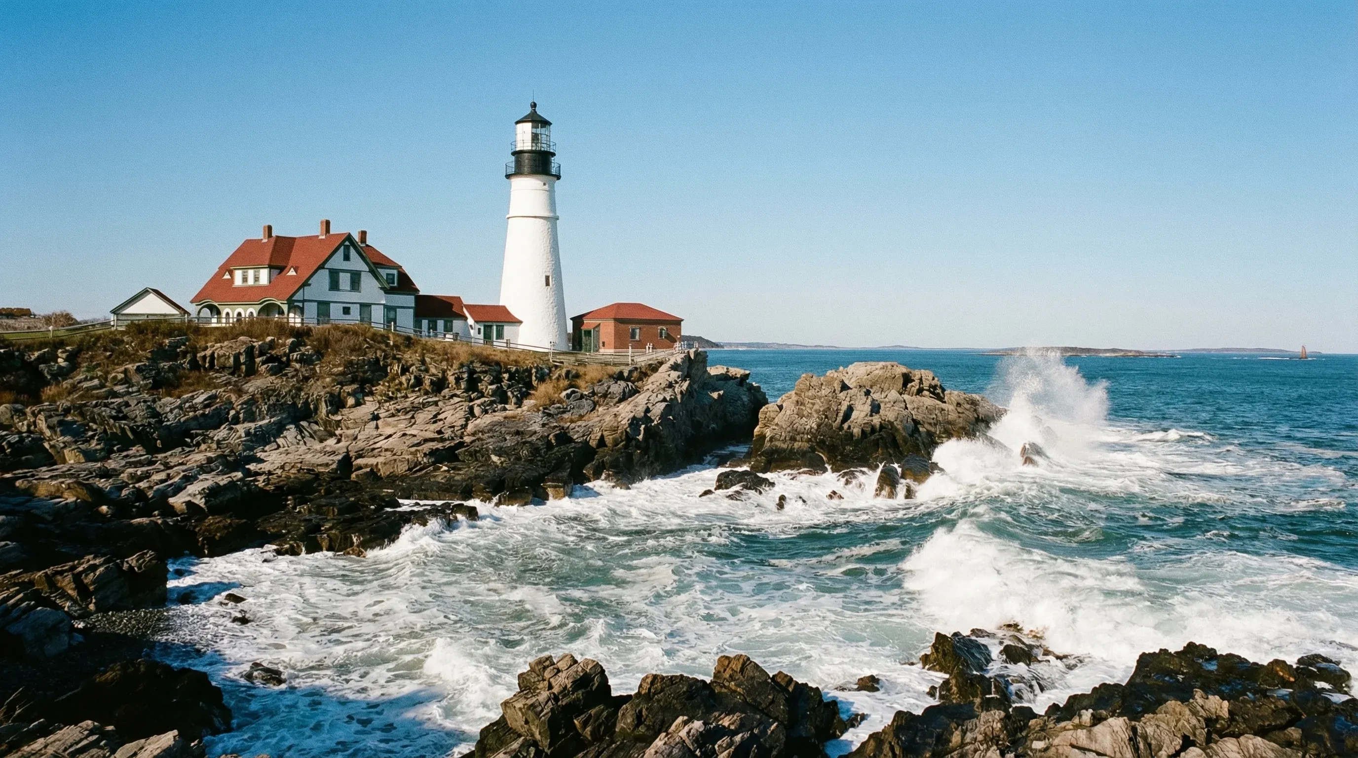 A white lighthouse and red-roofed house on a rocky cliff next to the ocean in Maine.