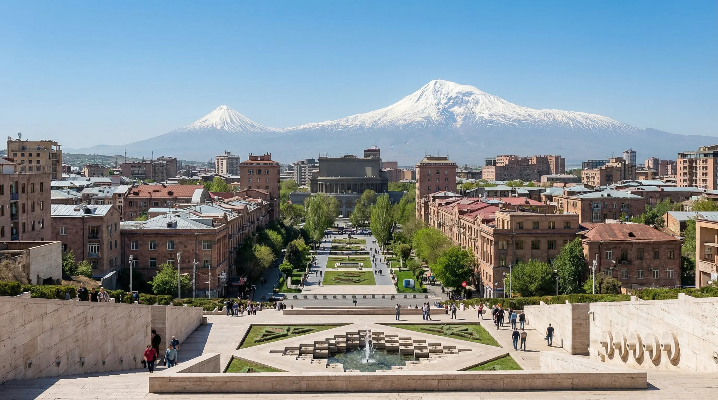 A view of the city of Yerevan with the snow-capped Mount Ararat in the distance as seen from the Cascade complex.