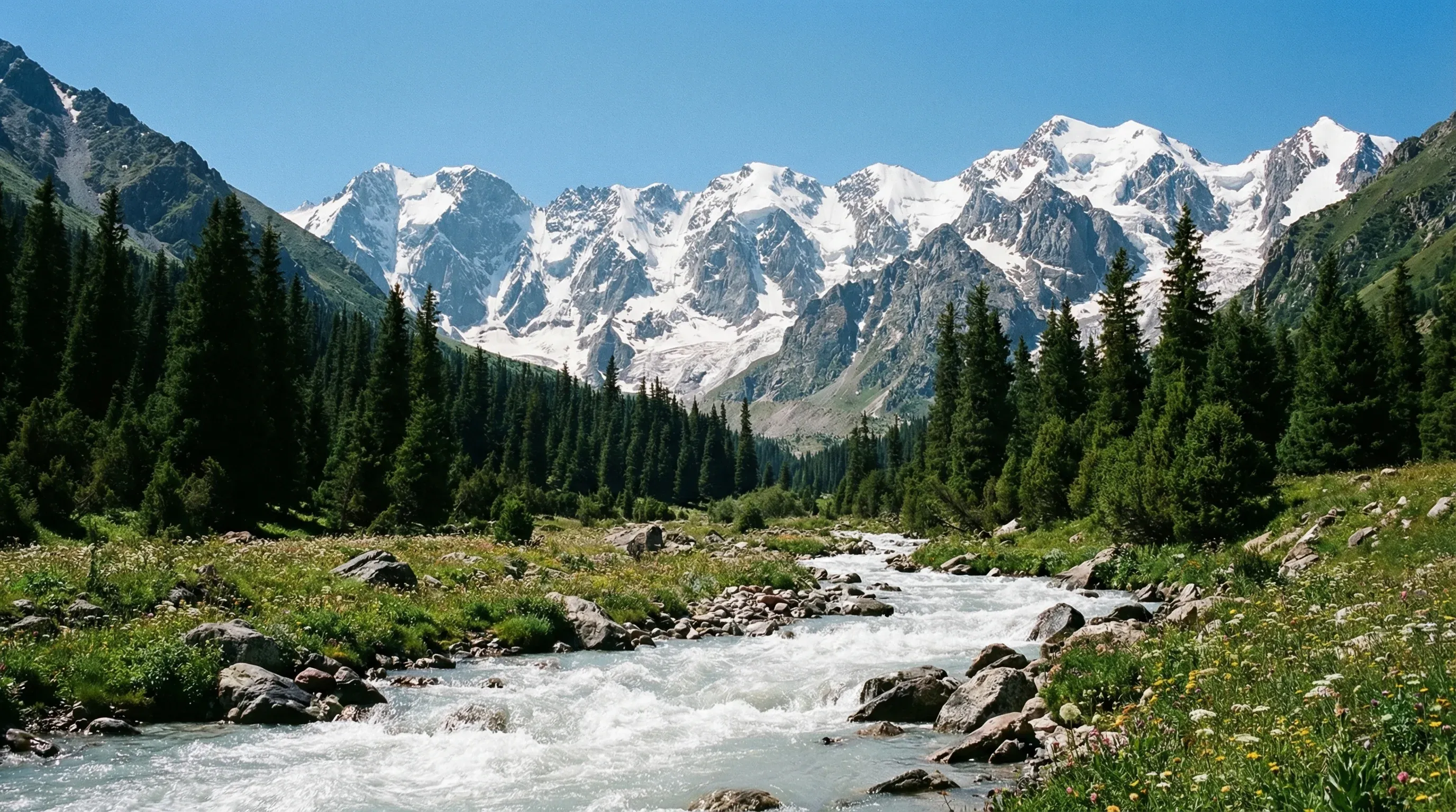 A view of the Ala-Archa river valley and snow-capped peaks of the Kyrgyz Ala-Too mountains under a clear sky.