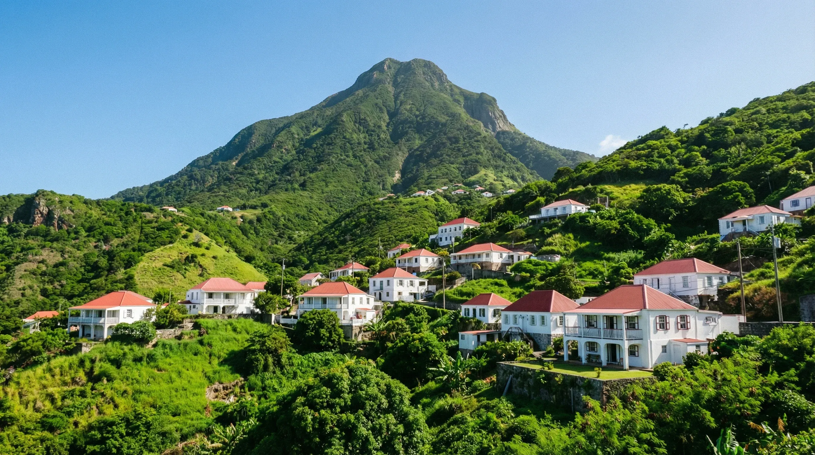 Red-roofed white houses of Windwardside village nestled on the steep green slopes of Saba below Mount Scenery.