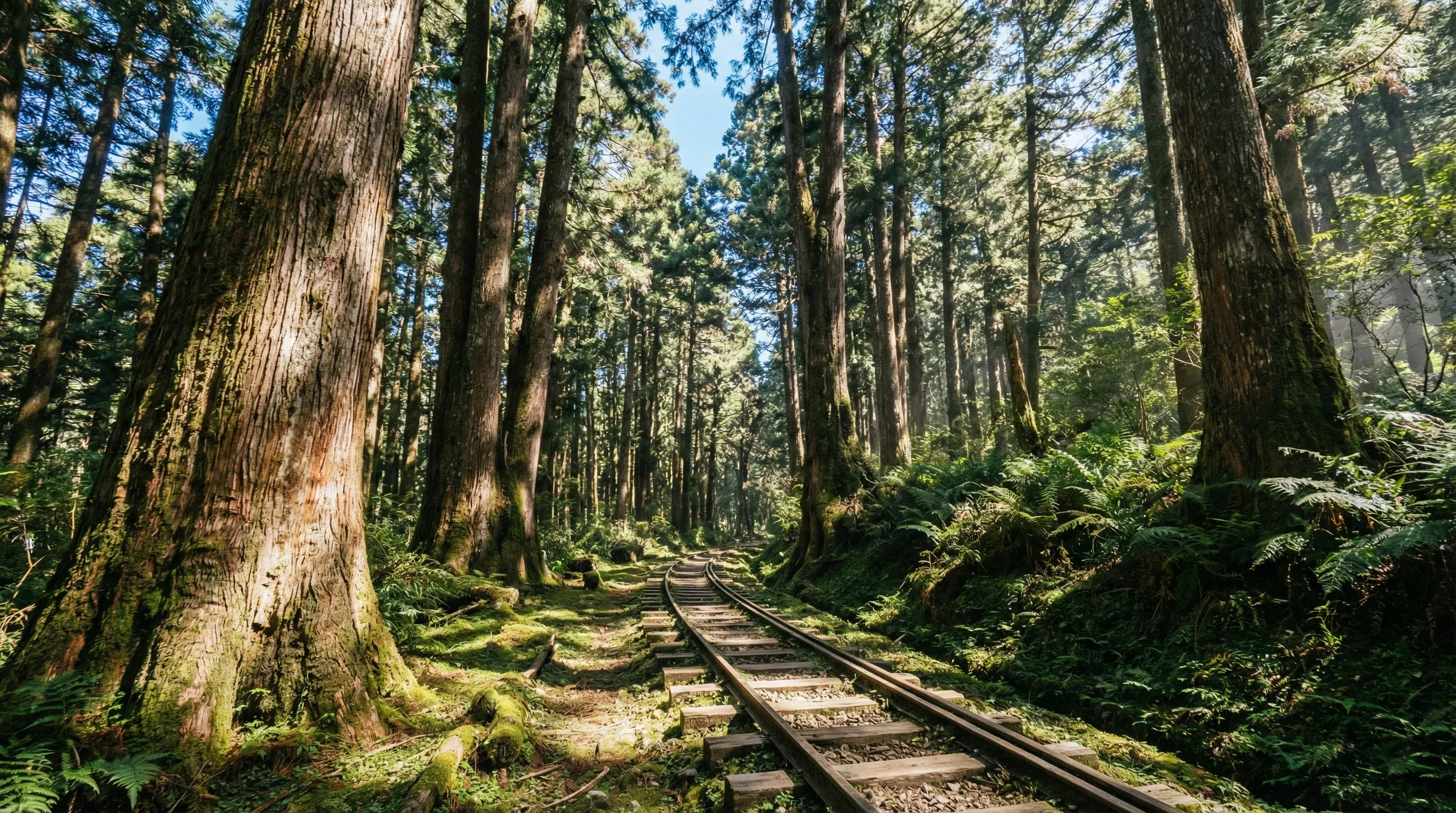 A wooden walkway and railway tracks winding through a forest of ancient cypress trees in Alishan National Scenic Area.