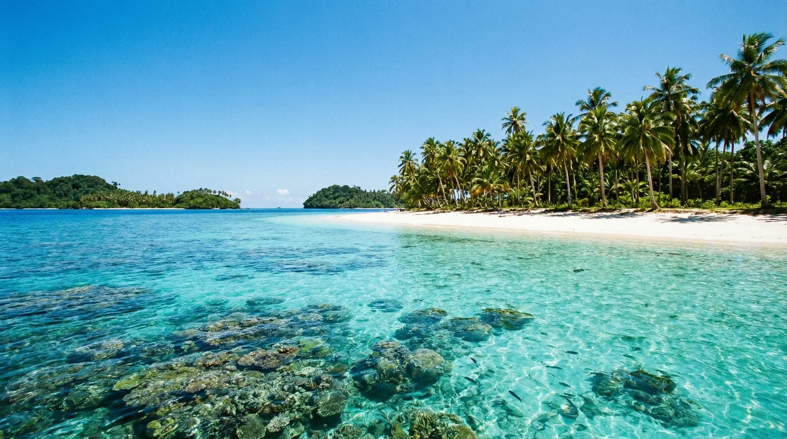 A tropical coastline in Kavieng, New Ireland, featuring clear turquoise water, white sand, and a dense forest of palm trees.