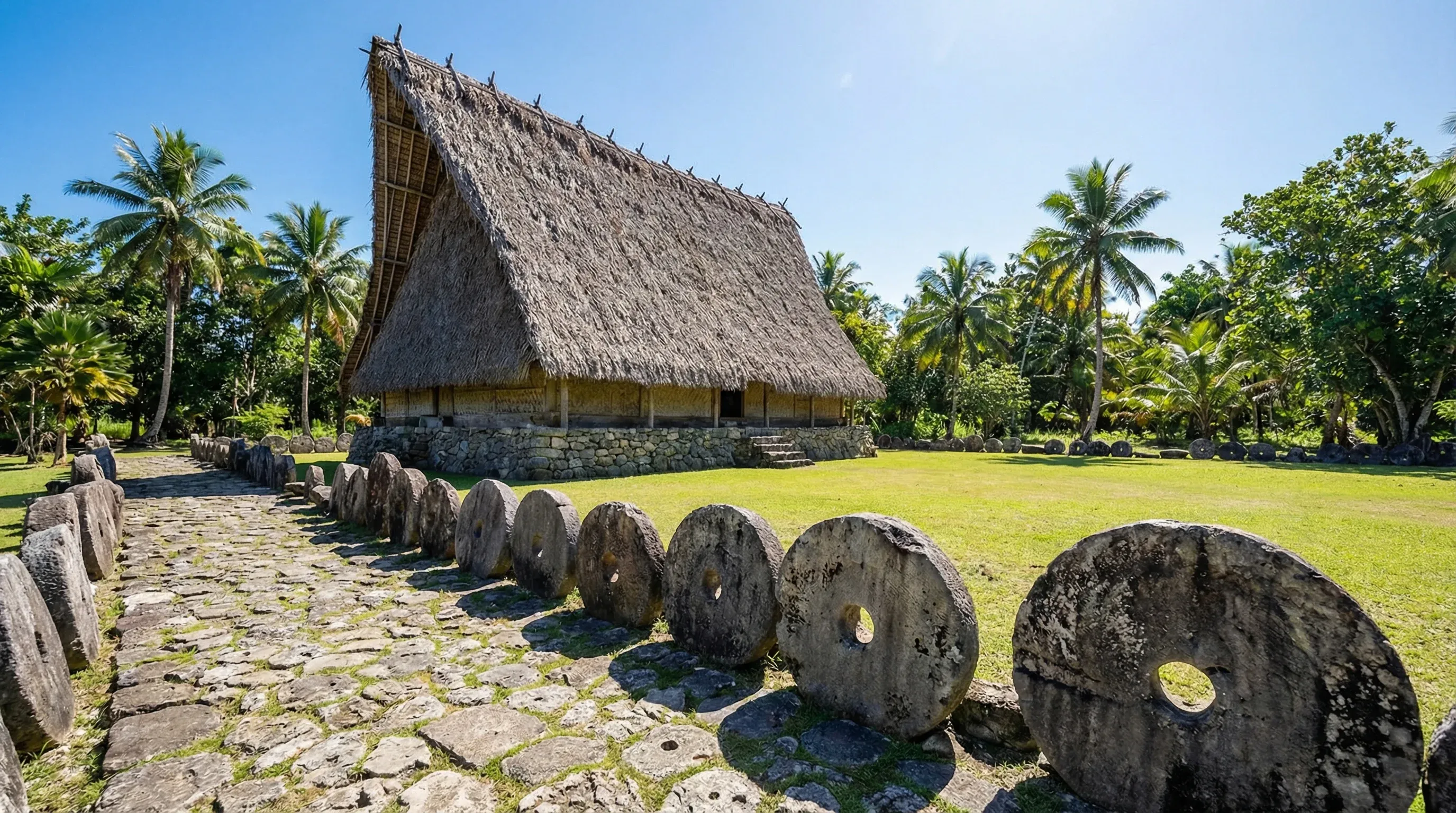 Large circular limestone Rai stones standing in front of a traditional thatched-roof Yapese meeting house.