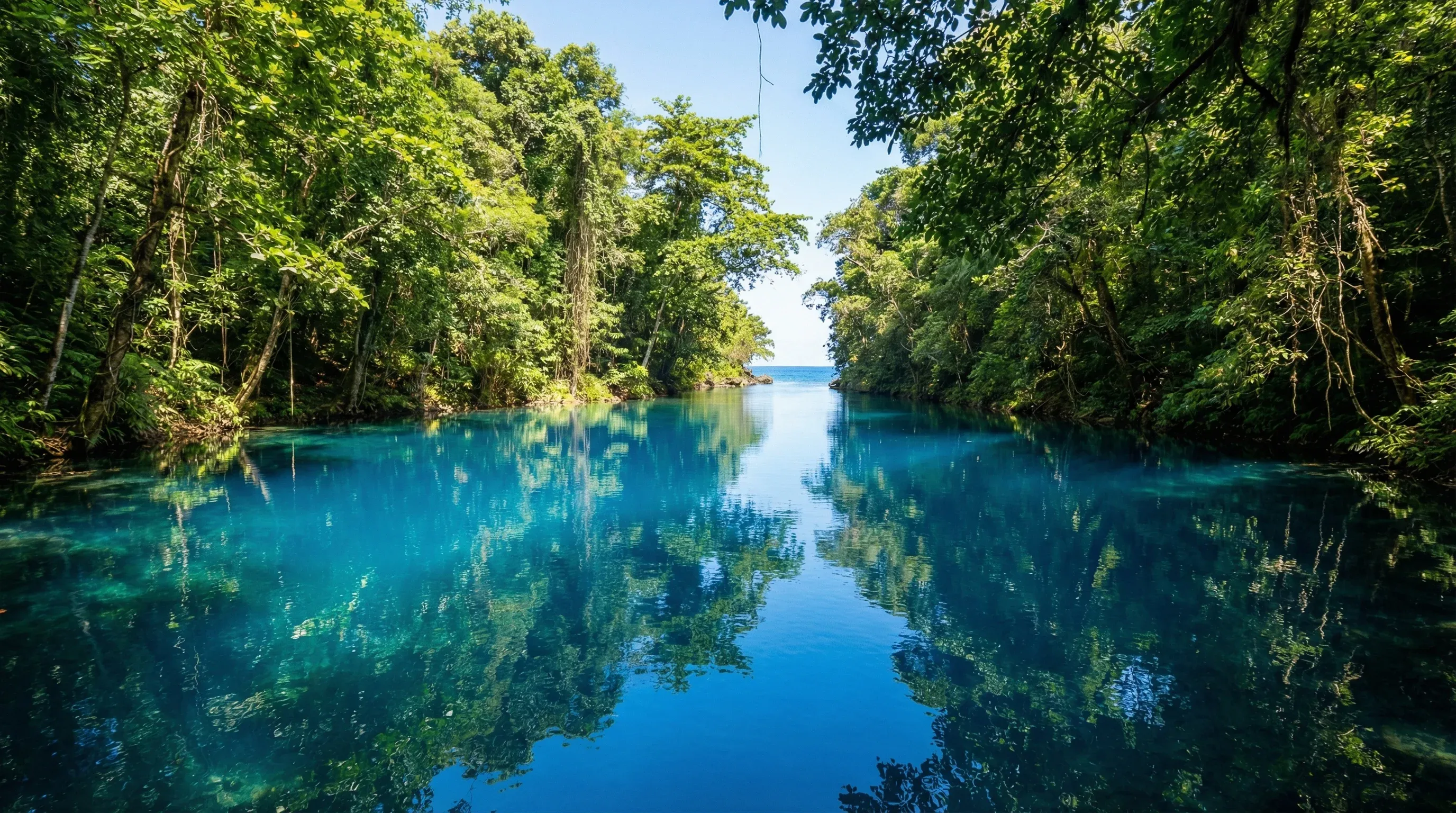 A photograph of the deep blue water of the Blue Lagoon in Port Antonio, enclosed by dense green rainforest.
