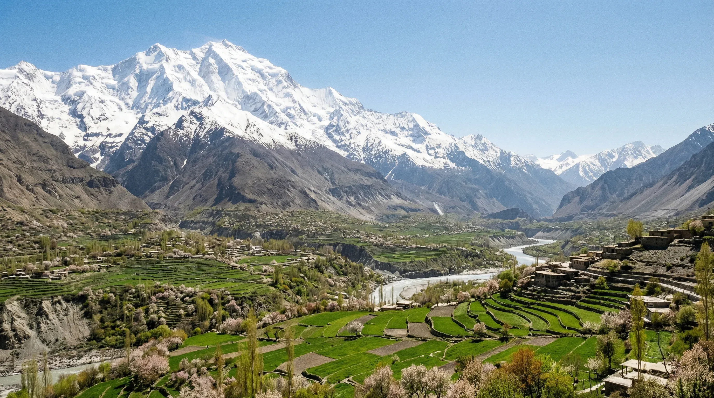 The massive snow-capped peak of Rakaposhi mountain towers over the green terraced orchards of the Hunza Valley.
