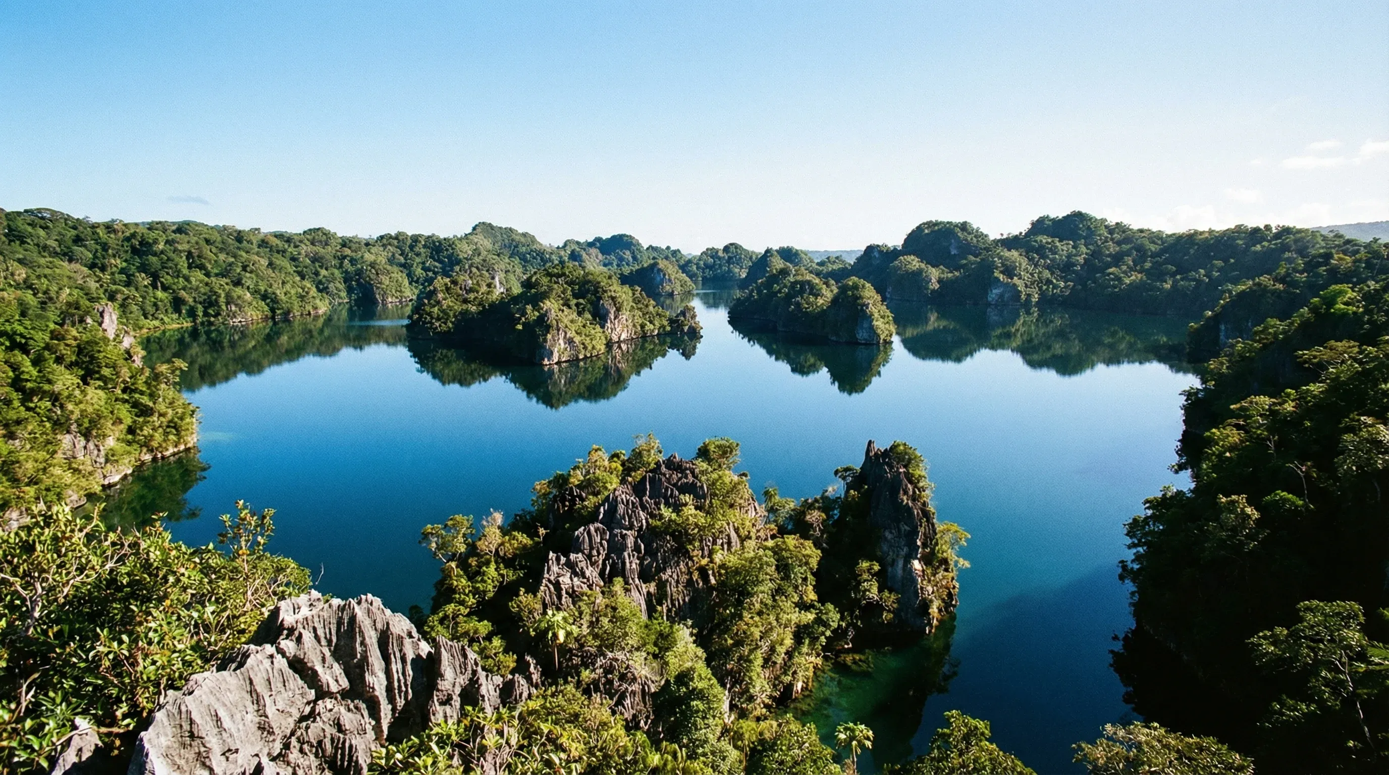 The expansive Lake Tegano on Rennell Island featuring small limestone islands and dense surrounding forest.