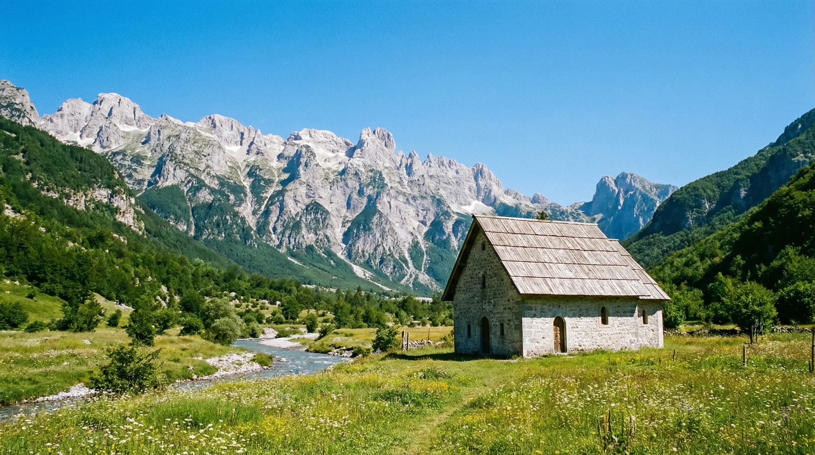 The small stone church of Theth set in a green valley with the jagged grey peaks of the Albanian Alps in the background.