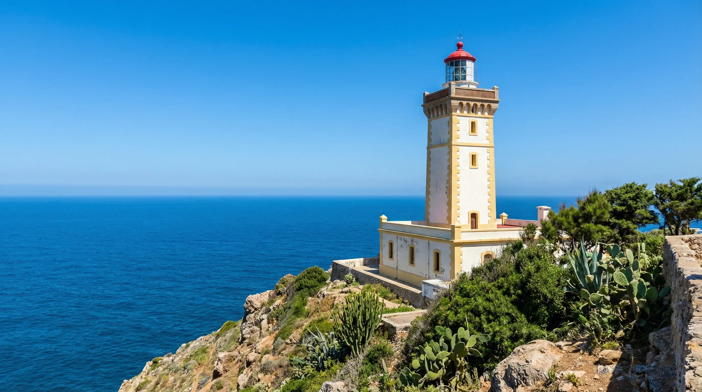 The Cap Spartel lighthouse stands on a rocky cliff overlooking the blue water where the Atlantic Ocean meets the Mediterranean Sea.