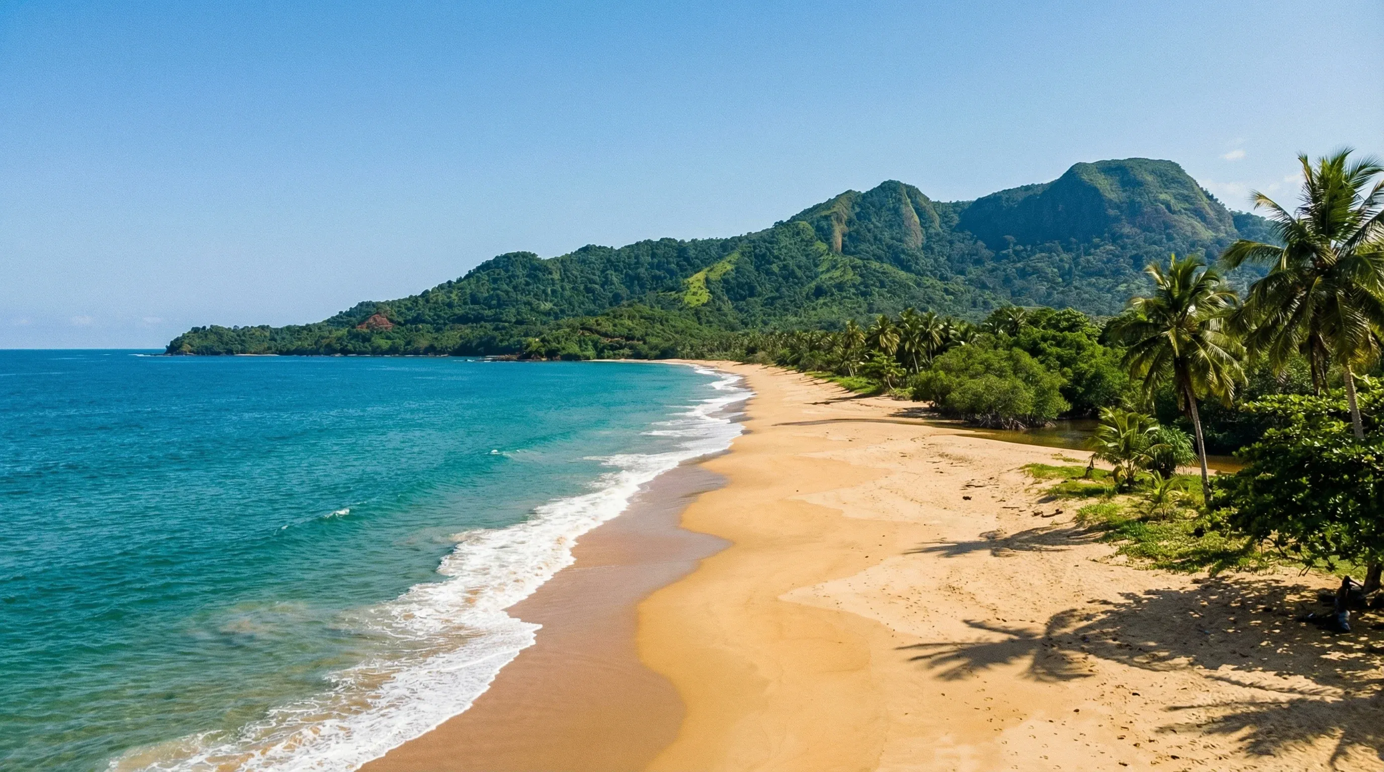 A wide-angle view of the golden sand beach and blue ocean at Robertsport, with the lush green hills of Cape Mount in the background.
