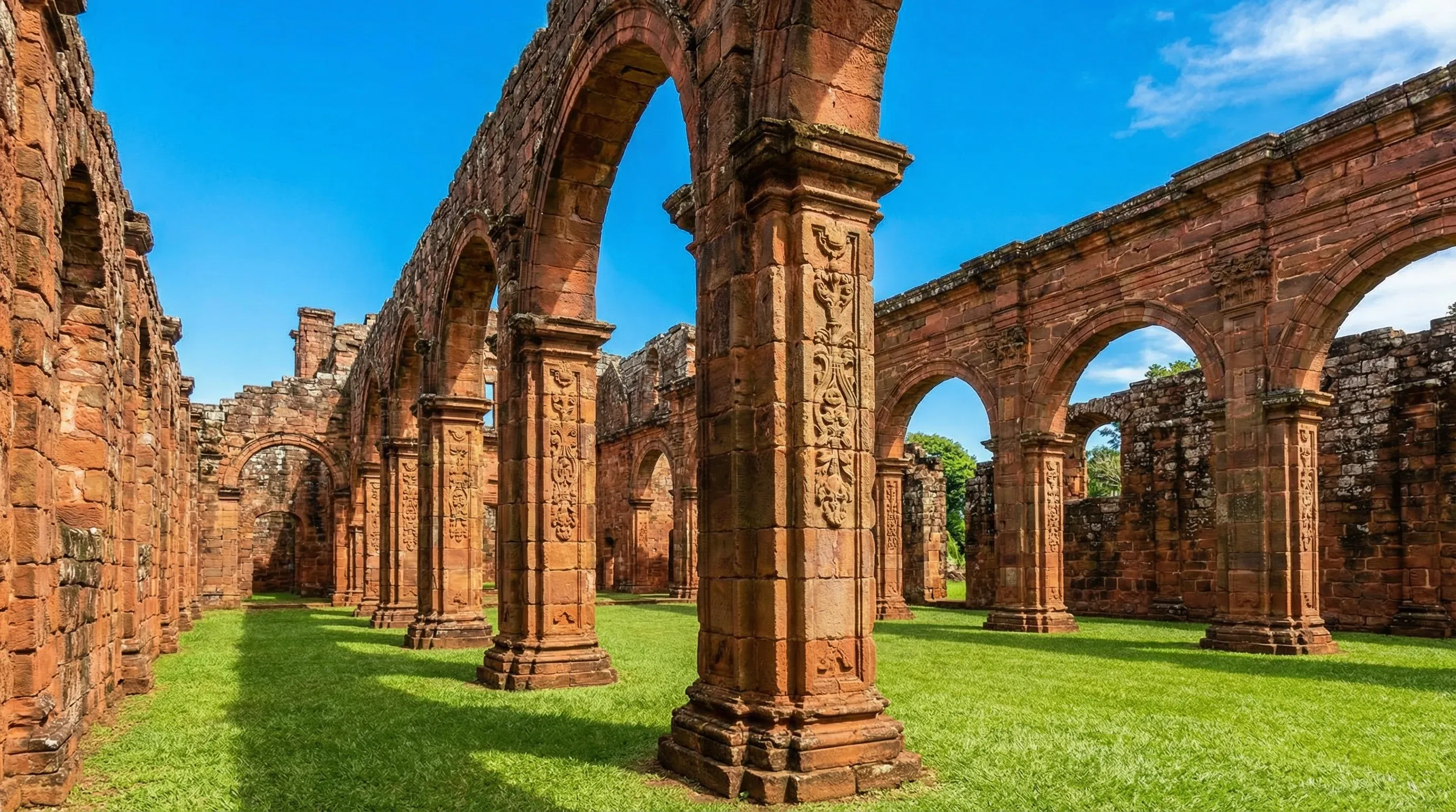 Red sandstone stone arches and ruins of a Jesuit mission in a grassy field in southern Paraguay.