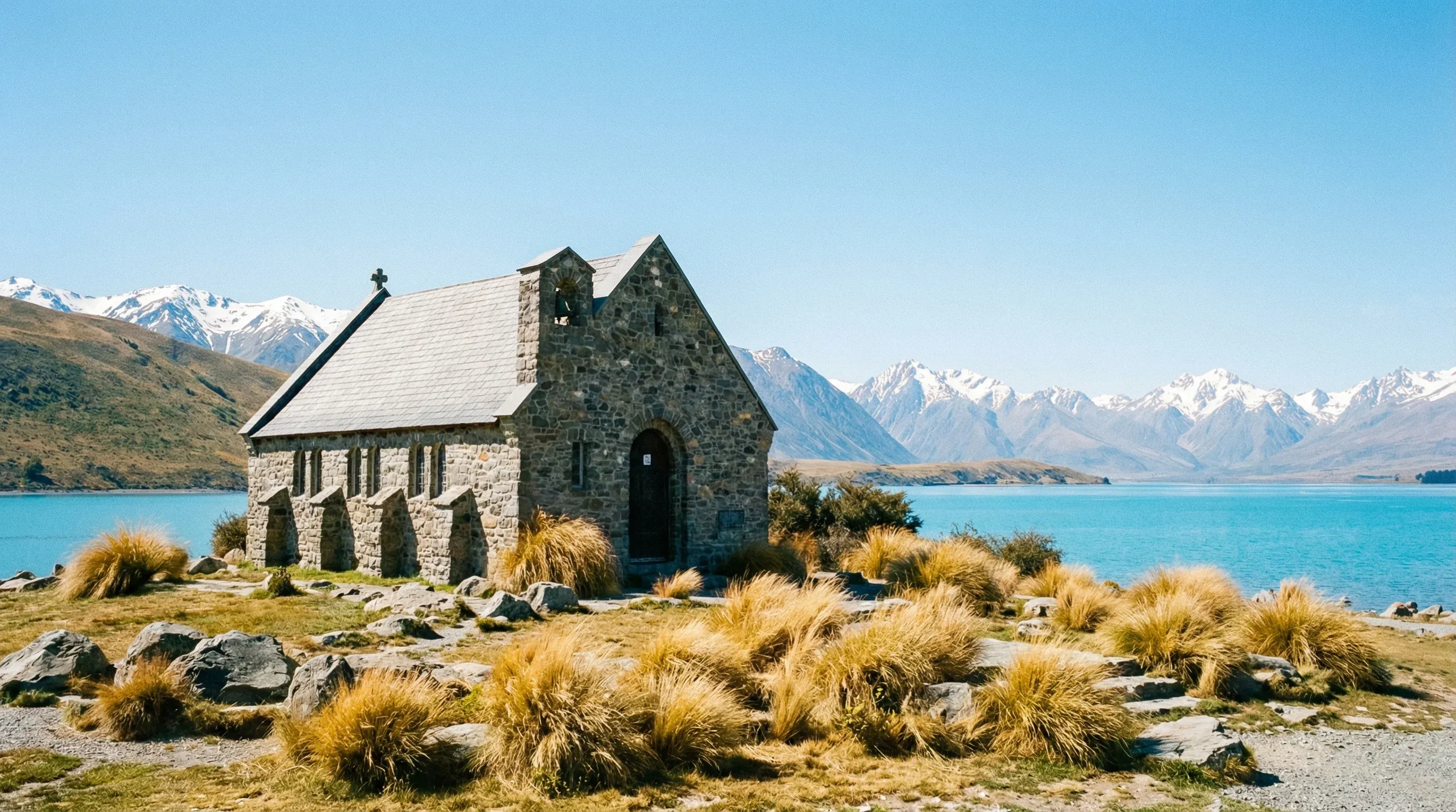 A small stone church sits on the shore of a turquoise glacial lake with snow-capped mountains in the background.