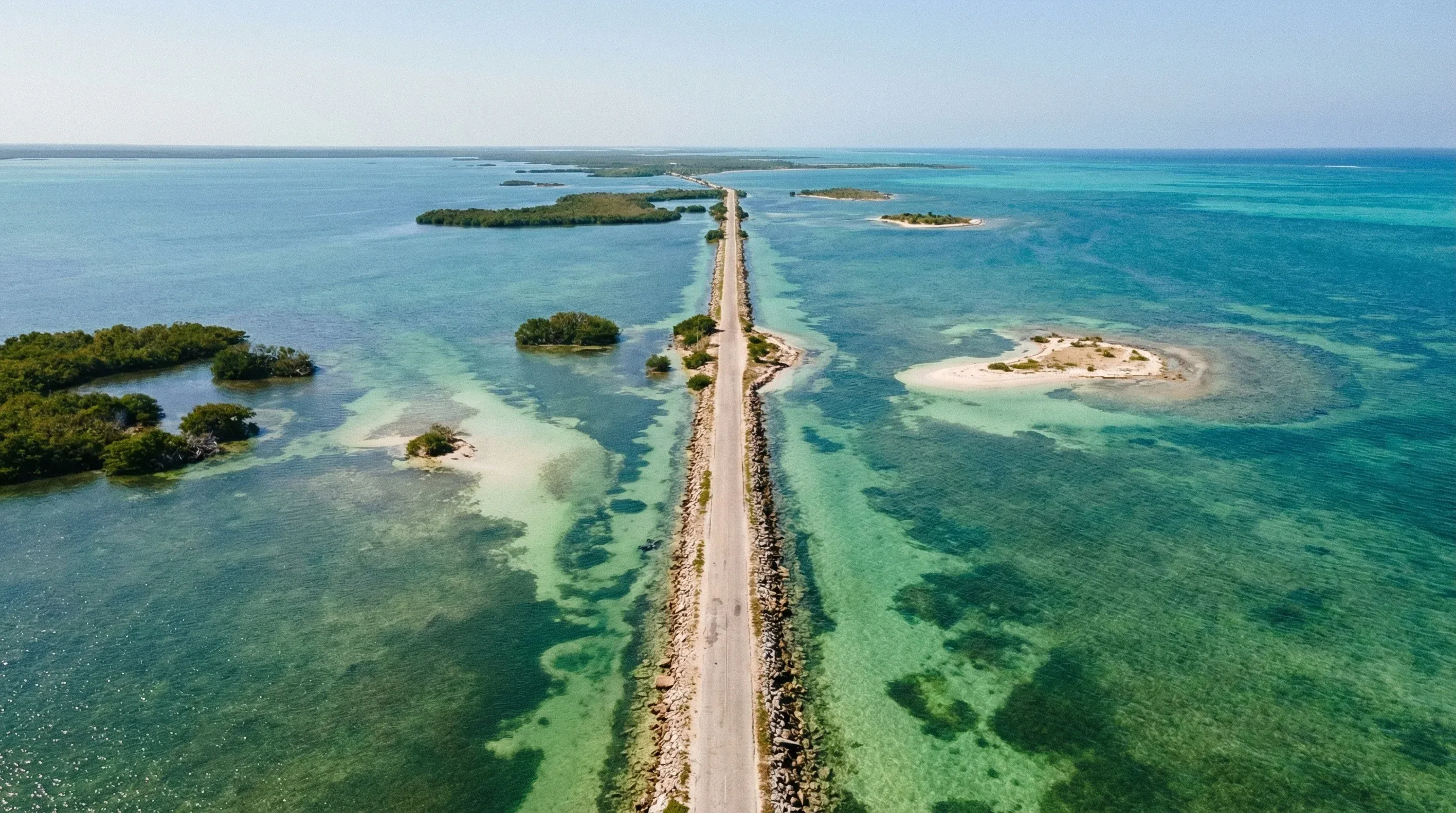 An aerial view of the stone causeway road crossing the turquoise ocean waters toward Cayo Coco, Cuba.