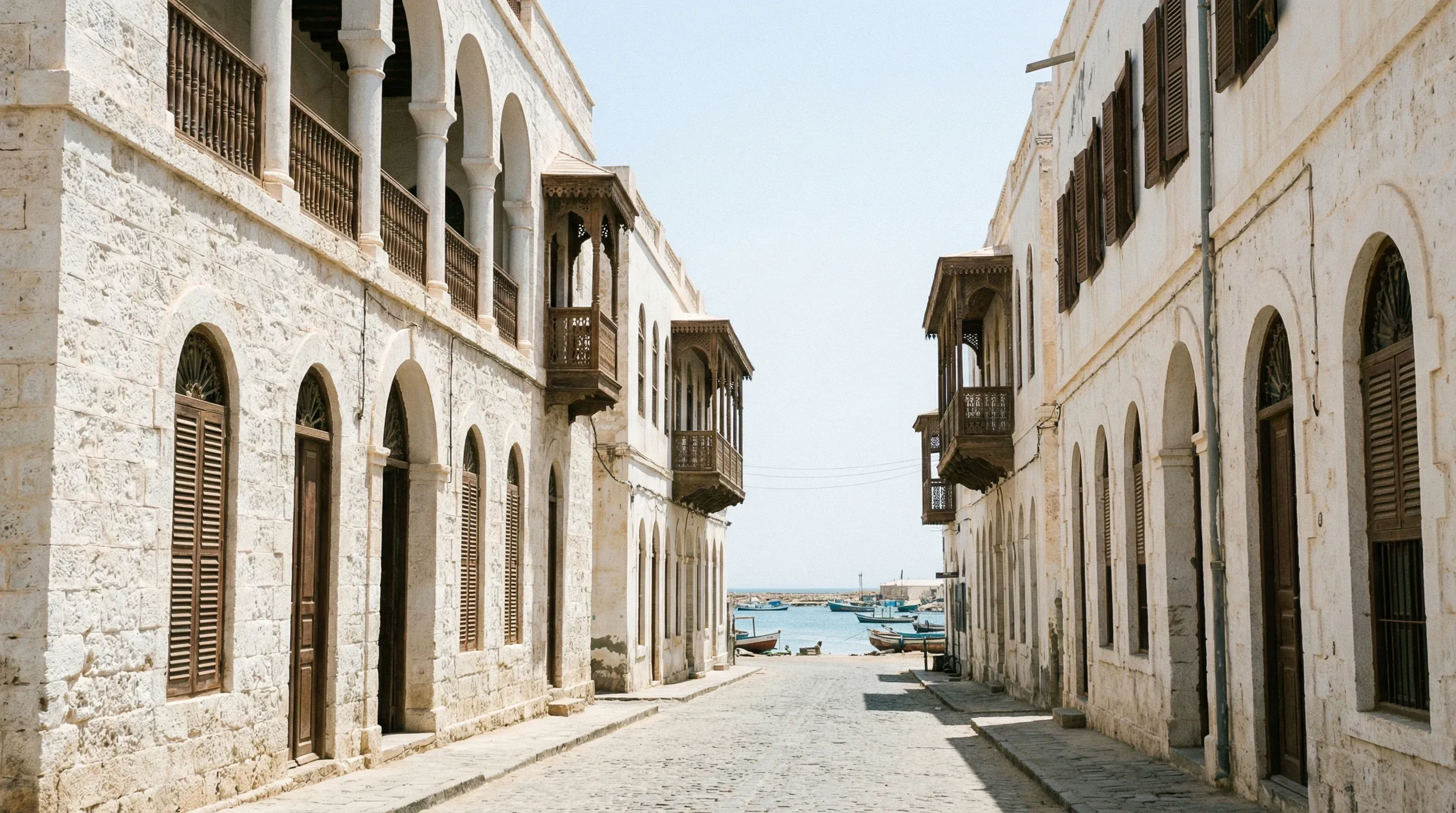 Historic coral-stone buildings with arched windows and balconies in the Old Town of Massawa, Eritrea.