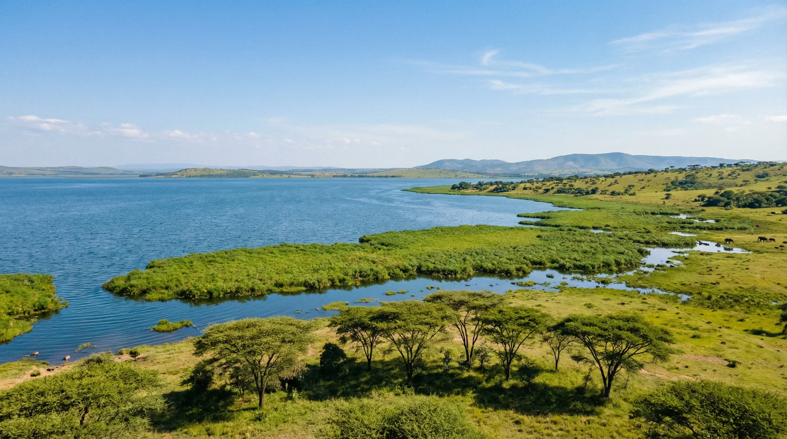An aerial-style view of Lake Ihema surrounded by green wetlands and savannah hills in Akagera National Park, Rwanda.