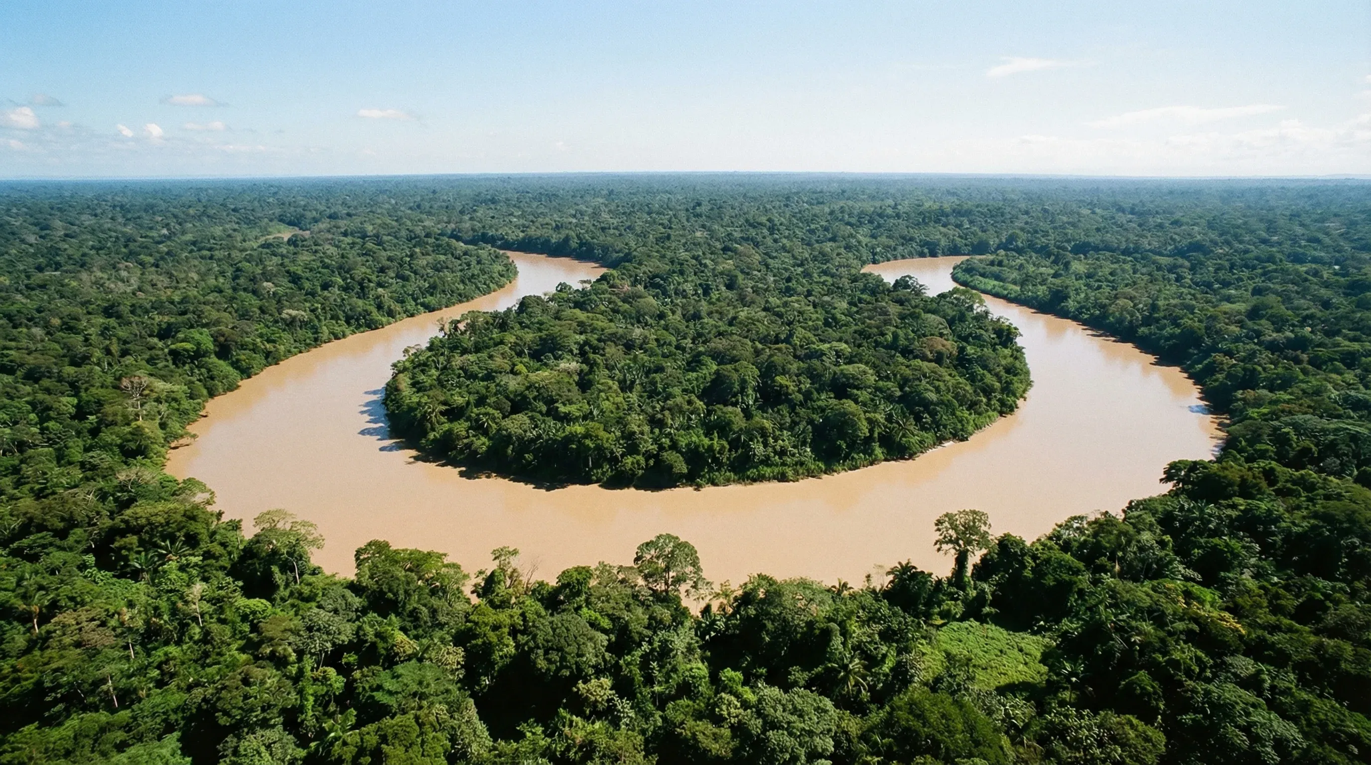 Aerial view of the wide Napo River curving through a dense green tropical rainforest under a clear blue sky.