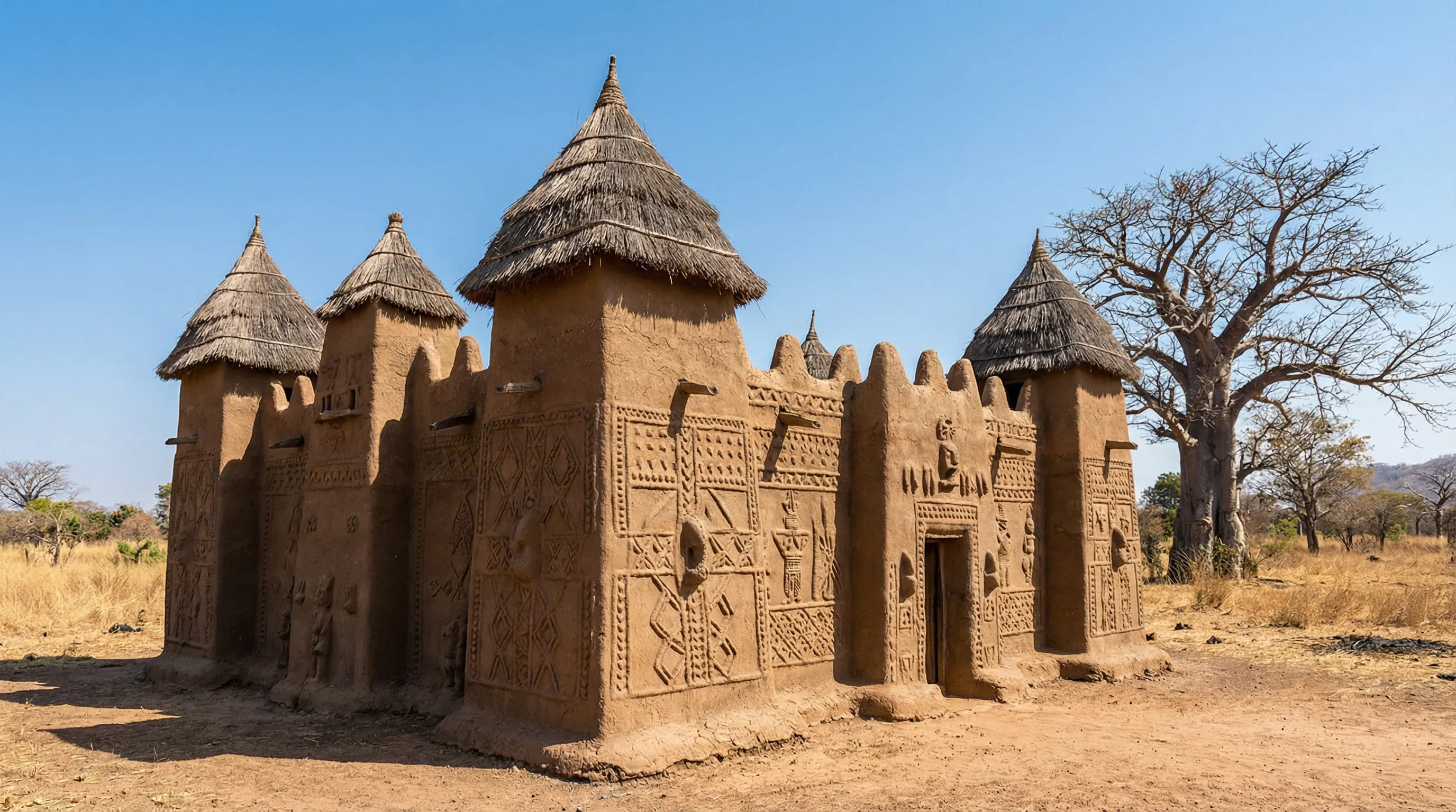 A traditional two-story earthen Tata Somba house with conical thatched roofs in northern Benin.
