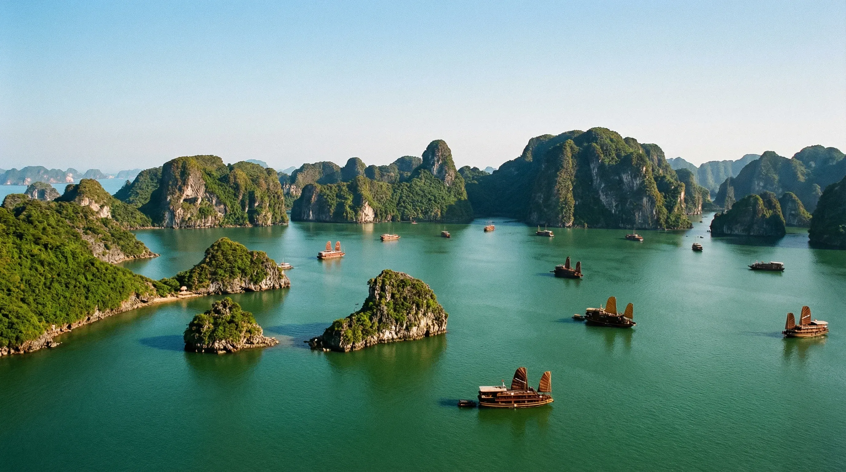 Numerous limestone islands and karst formations rising from emerald green waters in Ha Long Bay under a clear sky.