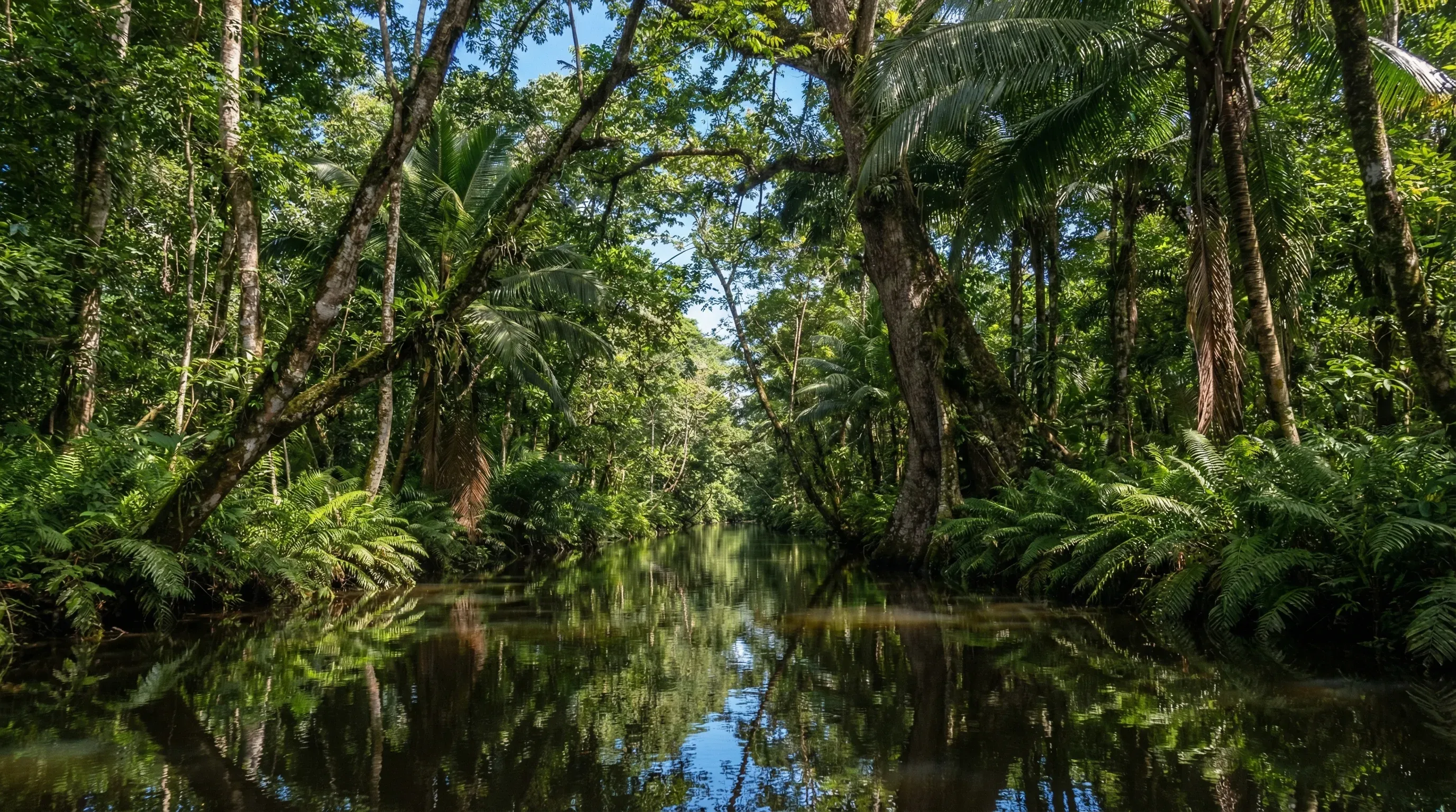 A narrow jungle canal in Tortuguero National Park surrounded by dense tropical rainforest and palm trees.