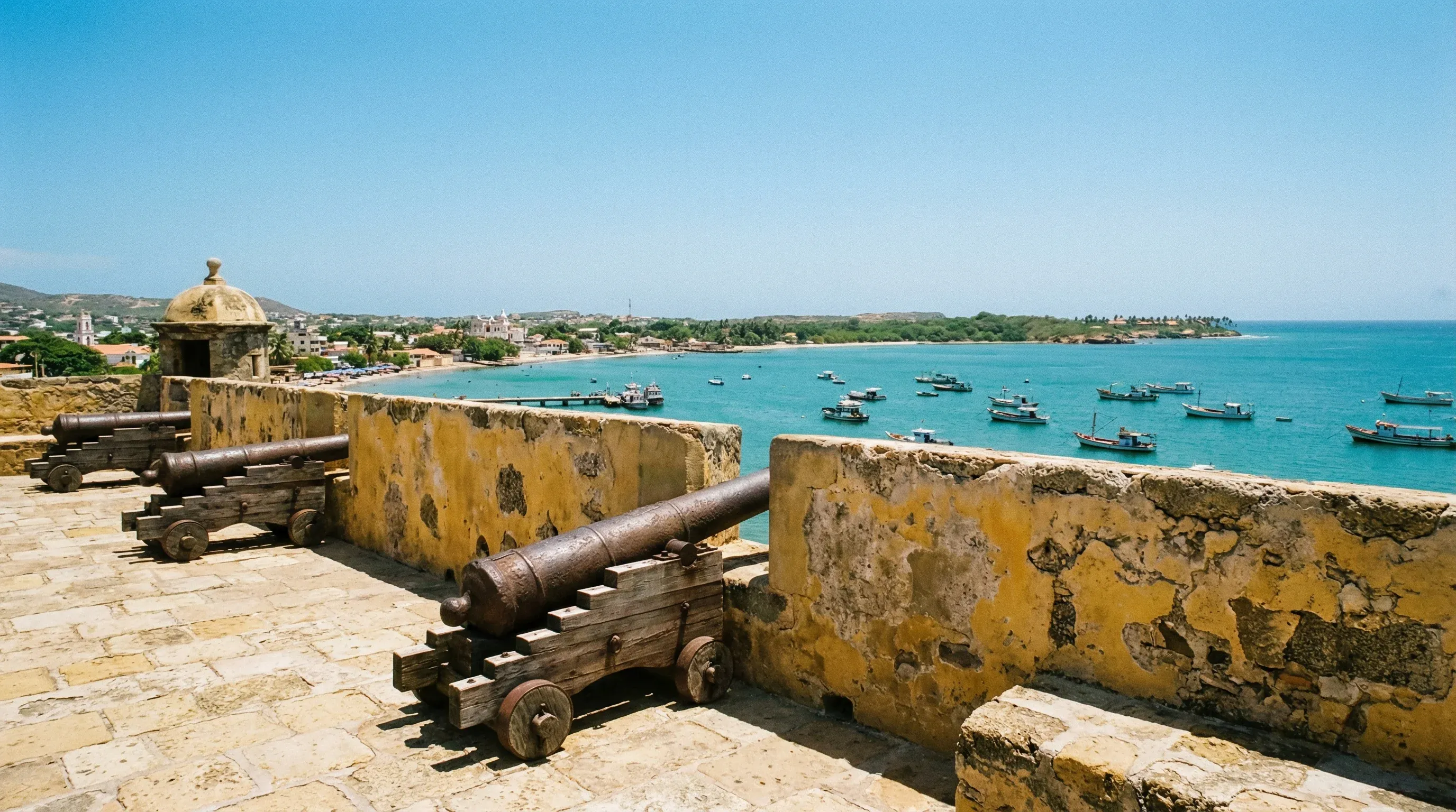 View from the stone walls of a colonial fortress overlooking the blue water and coastline of Margarita Island.