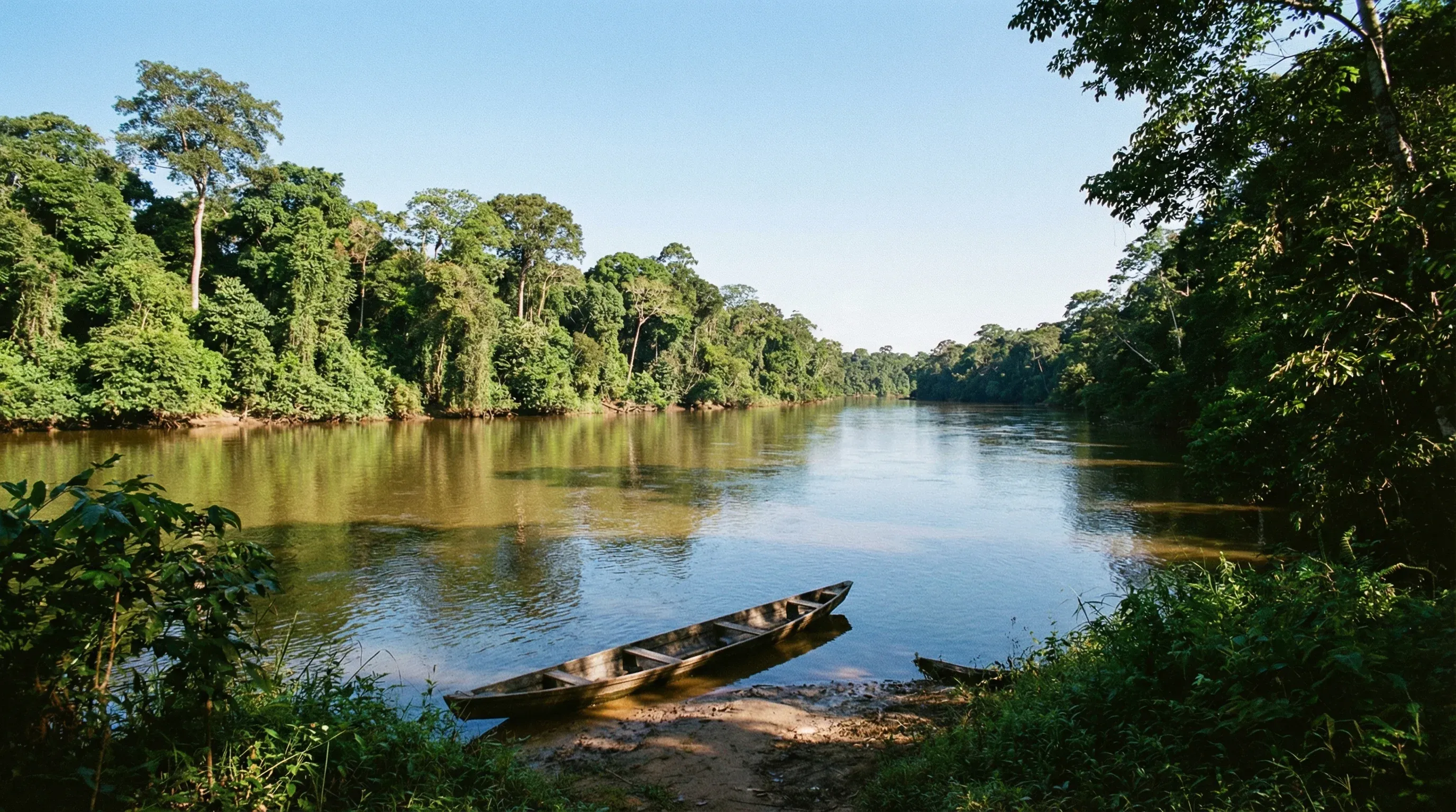 A wide view of the Maroni River bordered by dense tropical rainforest under a clear sky in the French Guiana interior.