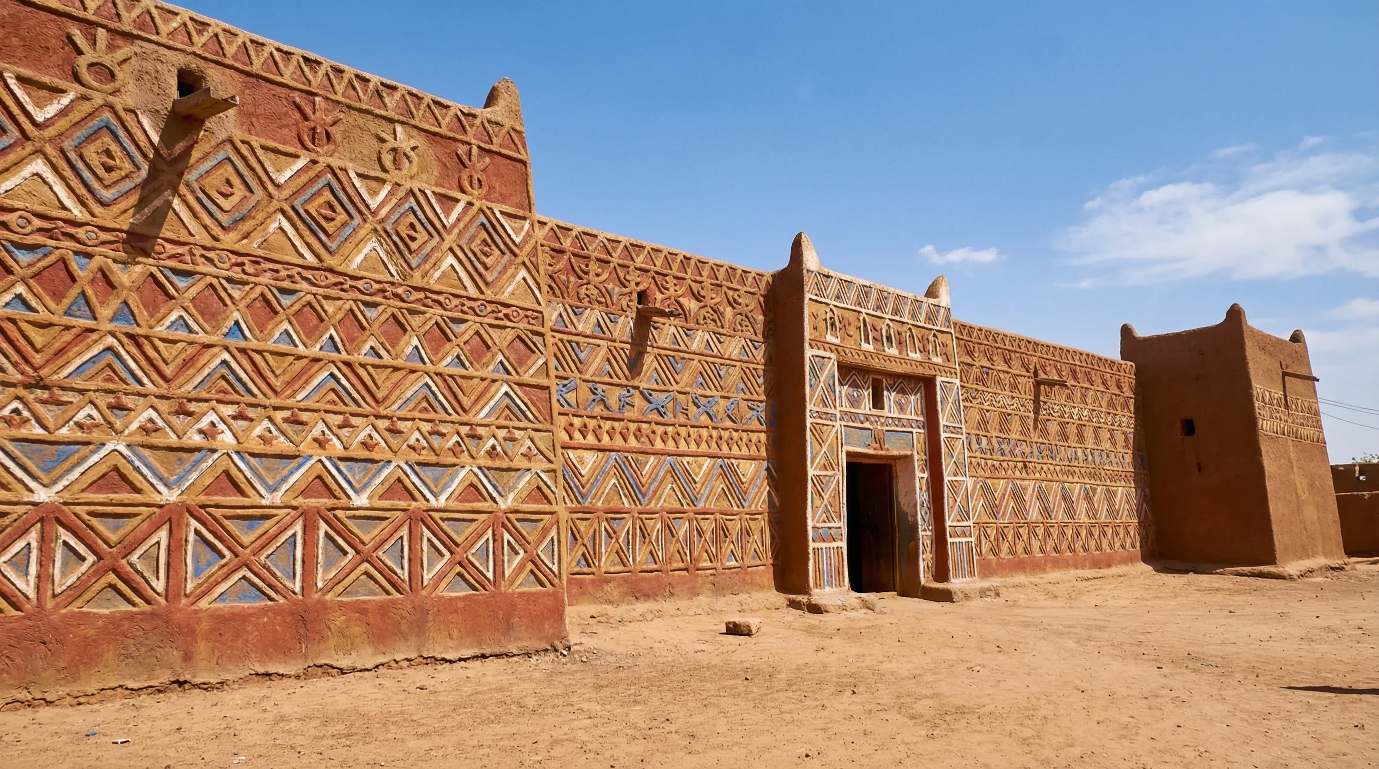 A detailed view of the Sultan's Palace in Zinder, featuring traditional Hausa geometric wall decorations and earthen architecture.