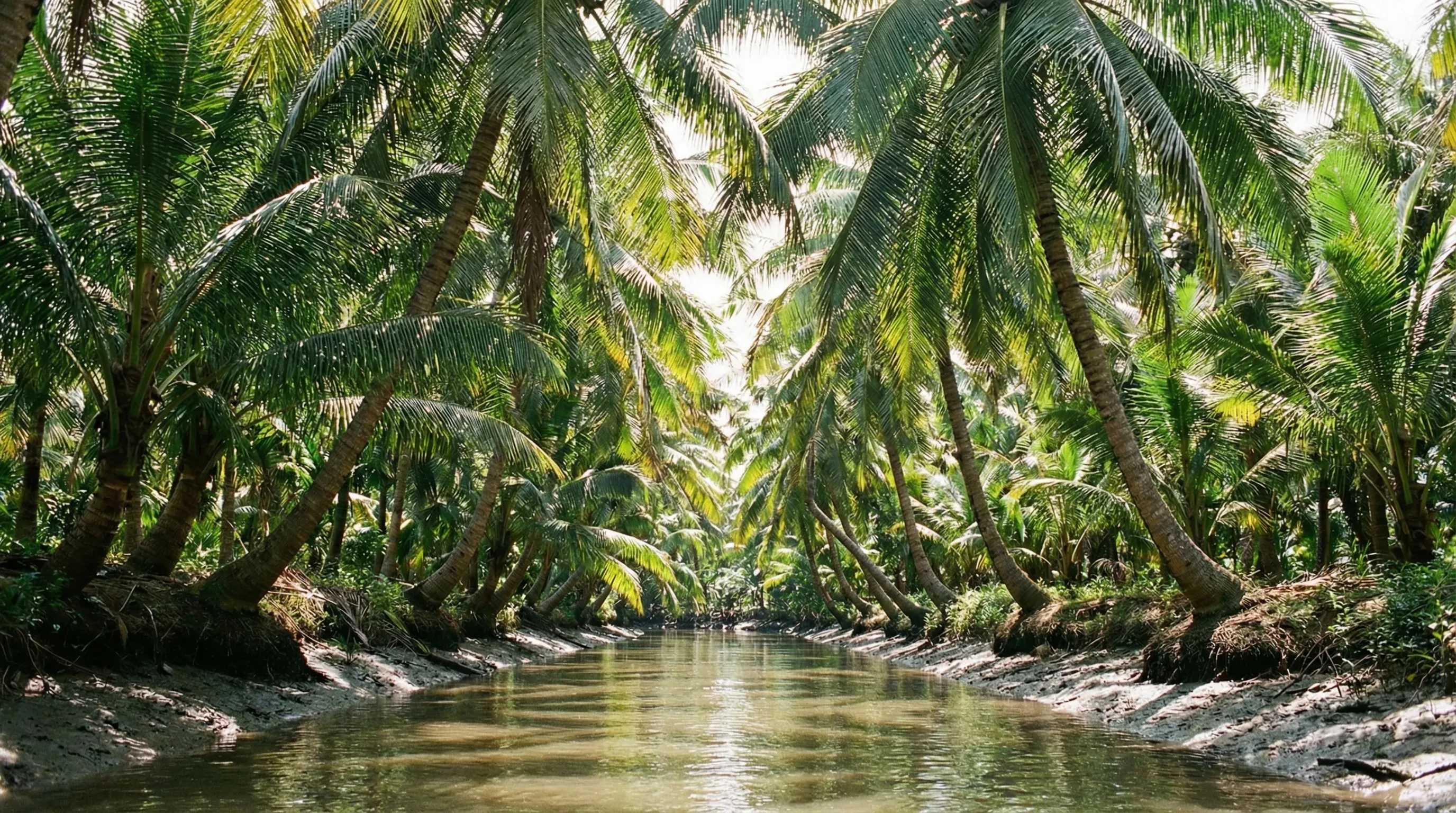 A narrow river canal lined with dense water coconut palms leaning over the water in the Mekong Delta region.