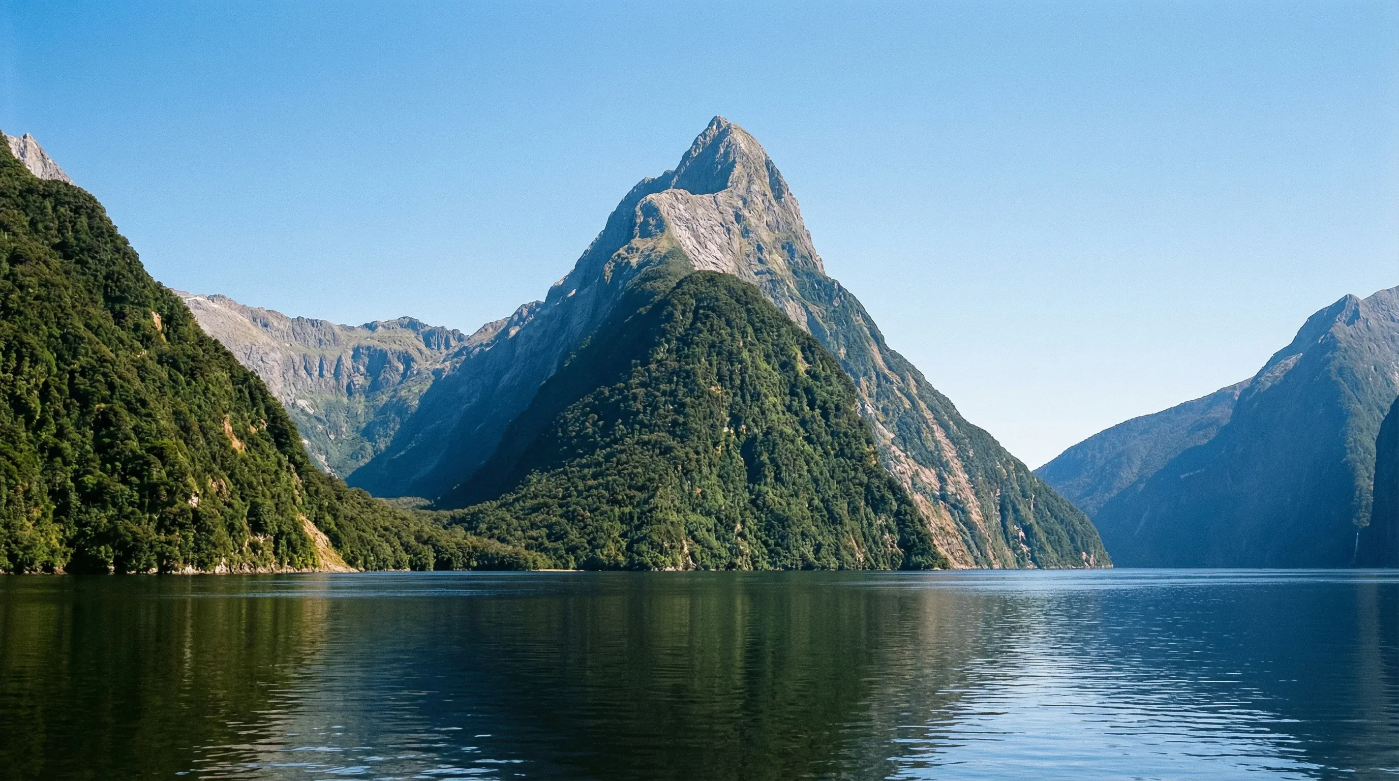 A tall, pointed mountain peak rises from a deep blue fiord surrounded by steep, forested cliffs under a bright sky.