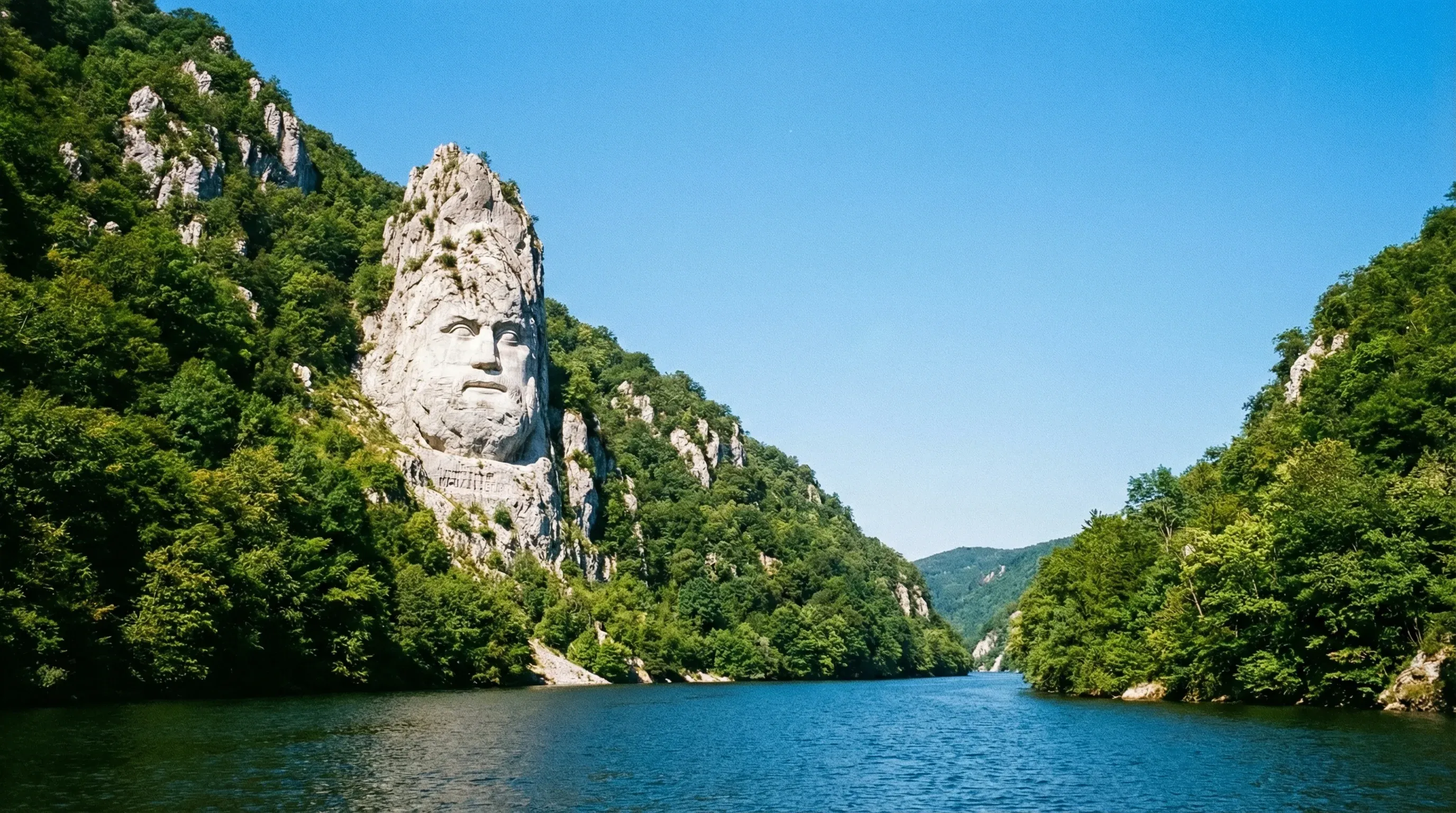 A large stone face of Decebalus carved into a cliffside overlooking the Danube River at the Iron Gates.