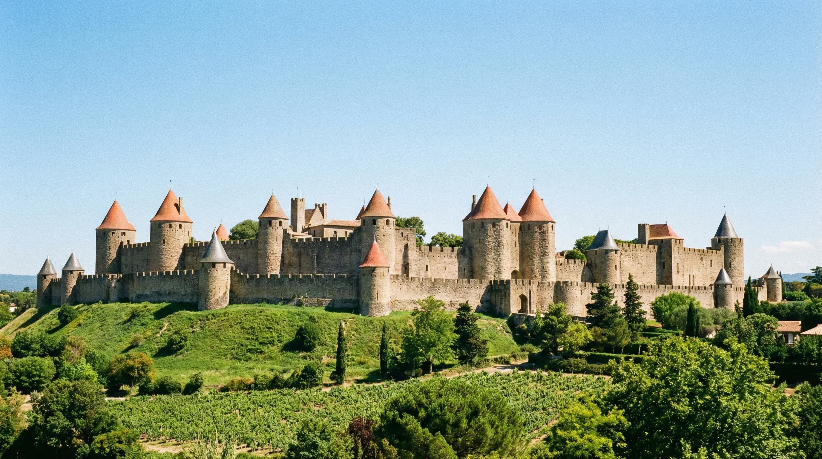The double-walled medieval fortress and towers of the Cité de Carcassonne in the Occitanie region of France.