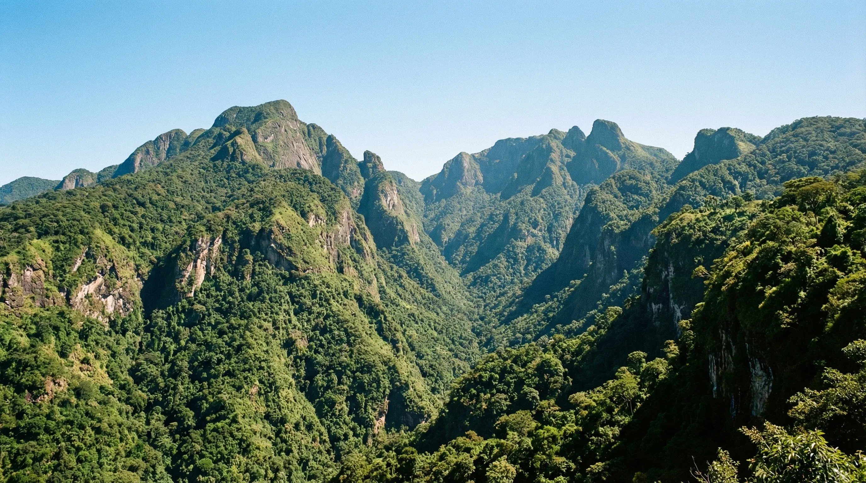 A wide landscape view of the green, forested peaks of the Imatong Mountains in South Sudan under a clear blue sky.