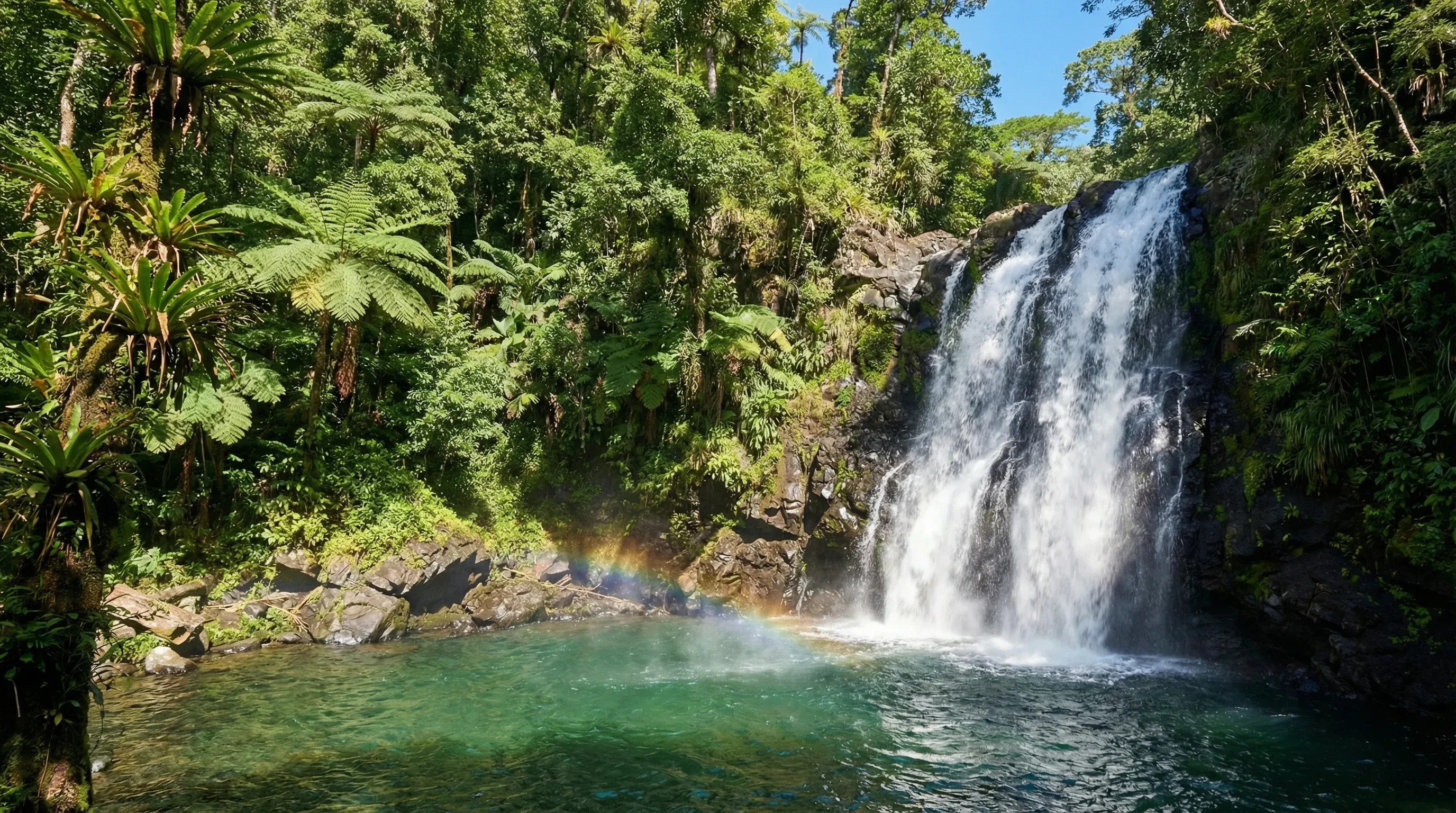 A large waterfall cascading into a natural pool surrounded by dense tropical rainforest in Bouma National Heritage Park on Taveuni.