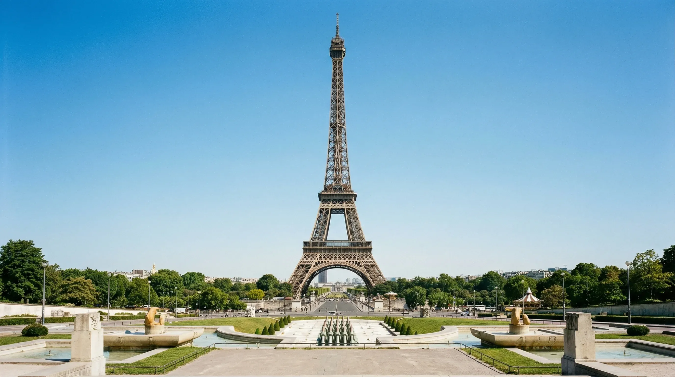 The Eiffel Tower viewed from across the Seine River at the Trocadéro in Paris, France.