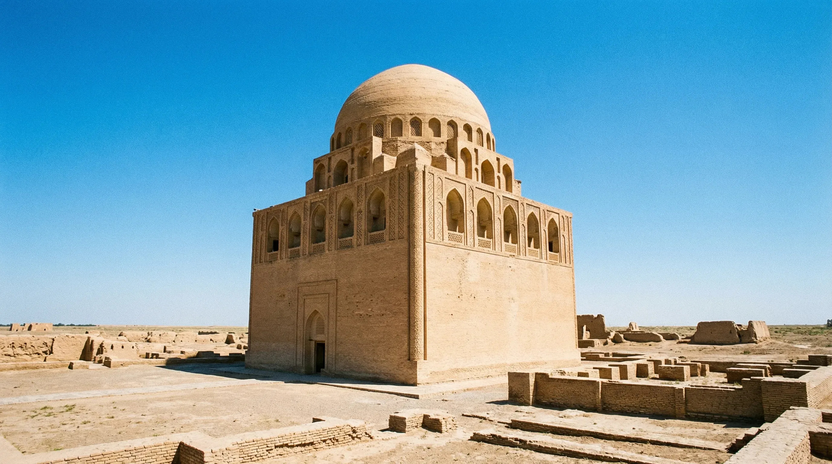The ancient brick mausoleum of Sultan Sanjar with its prominent dome, located on the flat desert plains of Merv.