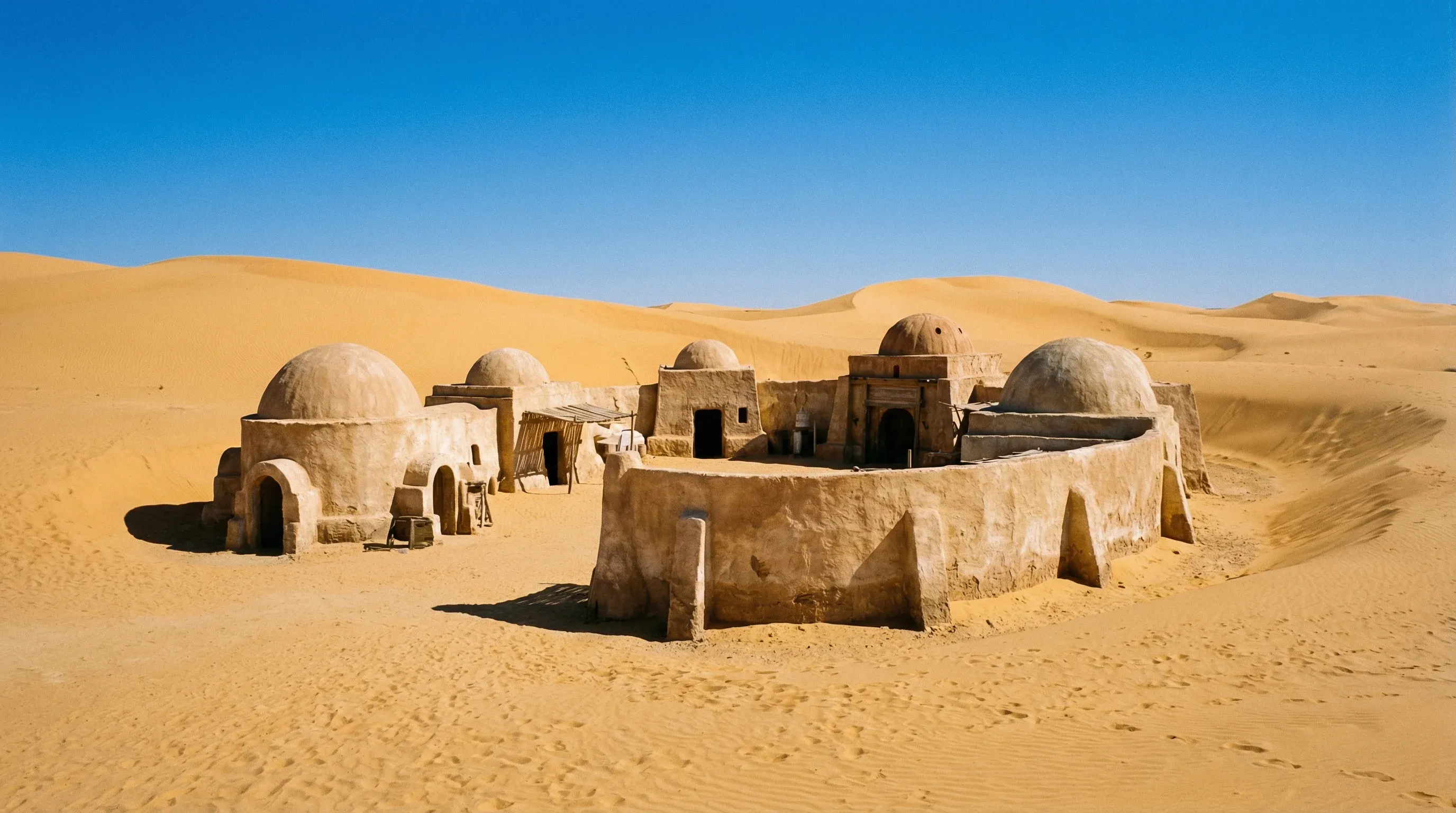 Traditional-style domed desert dwellings situated among large sand dunes in the Sahara near Tozeur, Tunisia.
