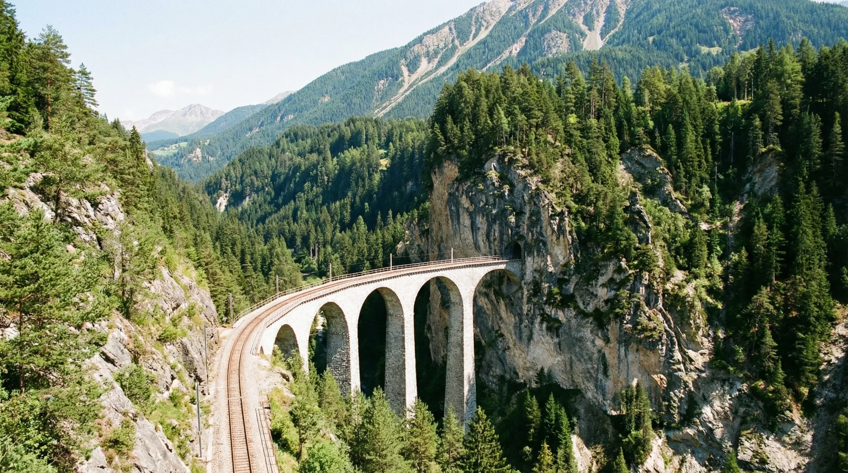 A stone railway viaduct with high arches spanning a valley and leading into a mountain tunnel in Graubünden.