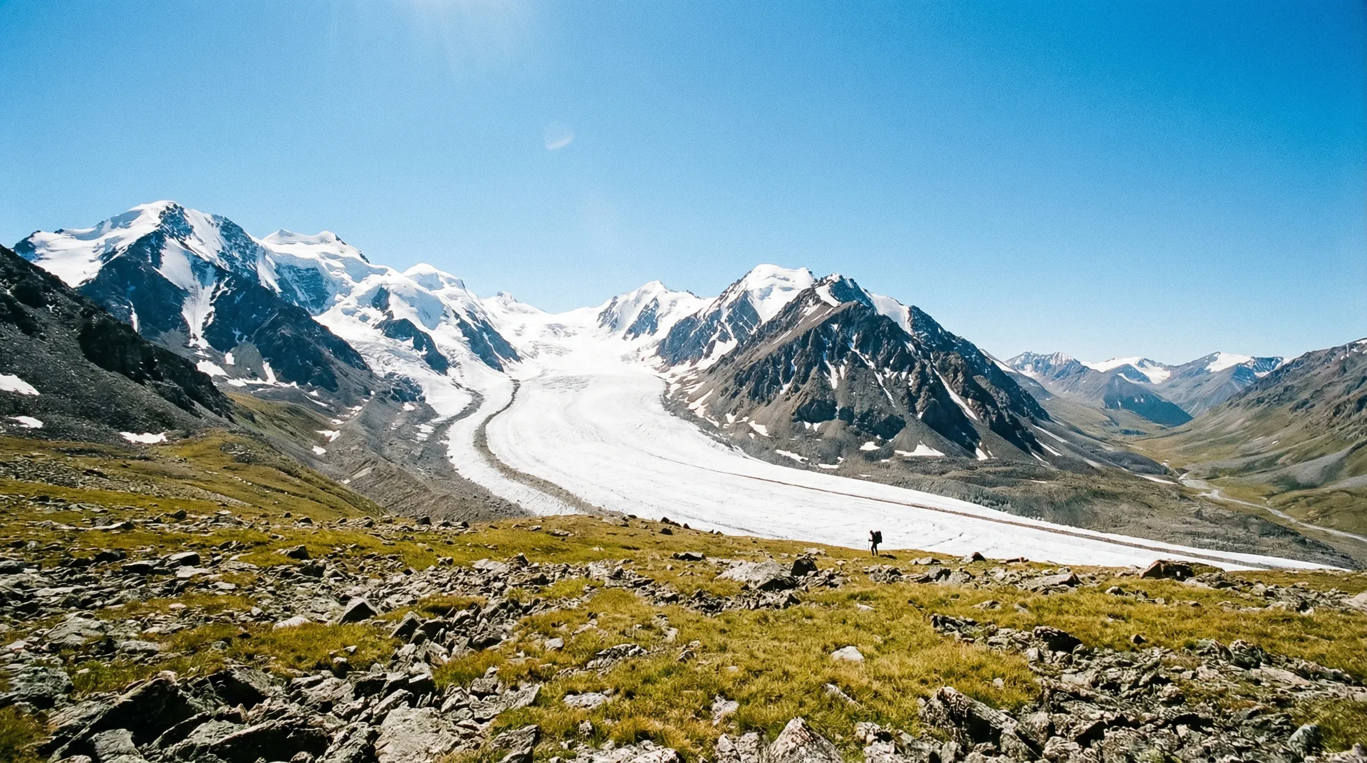 The Potanin Glacier and snow-capped peaks of the Altai Tavan Bogd mountain range in Western Mongolia.